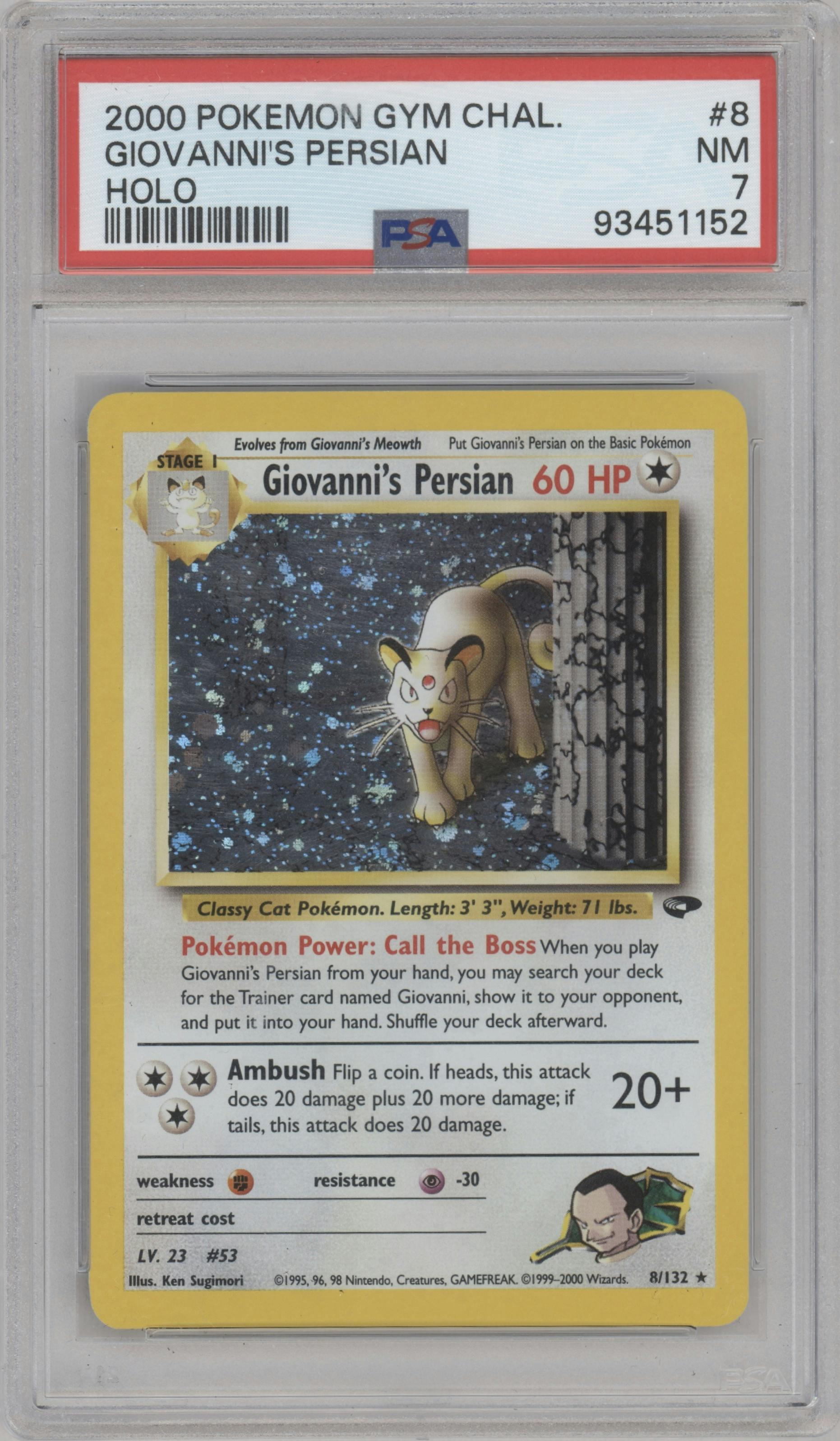 Giovanni's Persian from the 2000 Pokemon GH set graded by PSA and given an overall grade of 7.