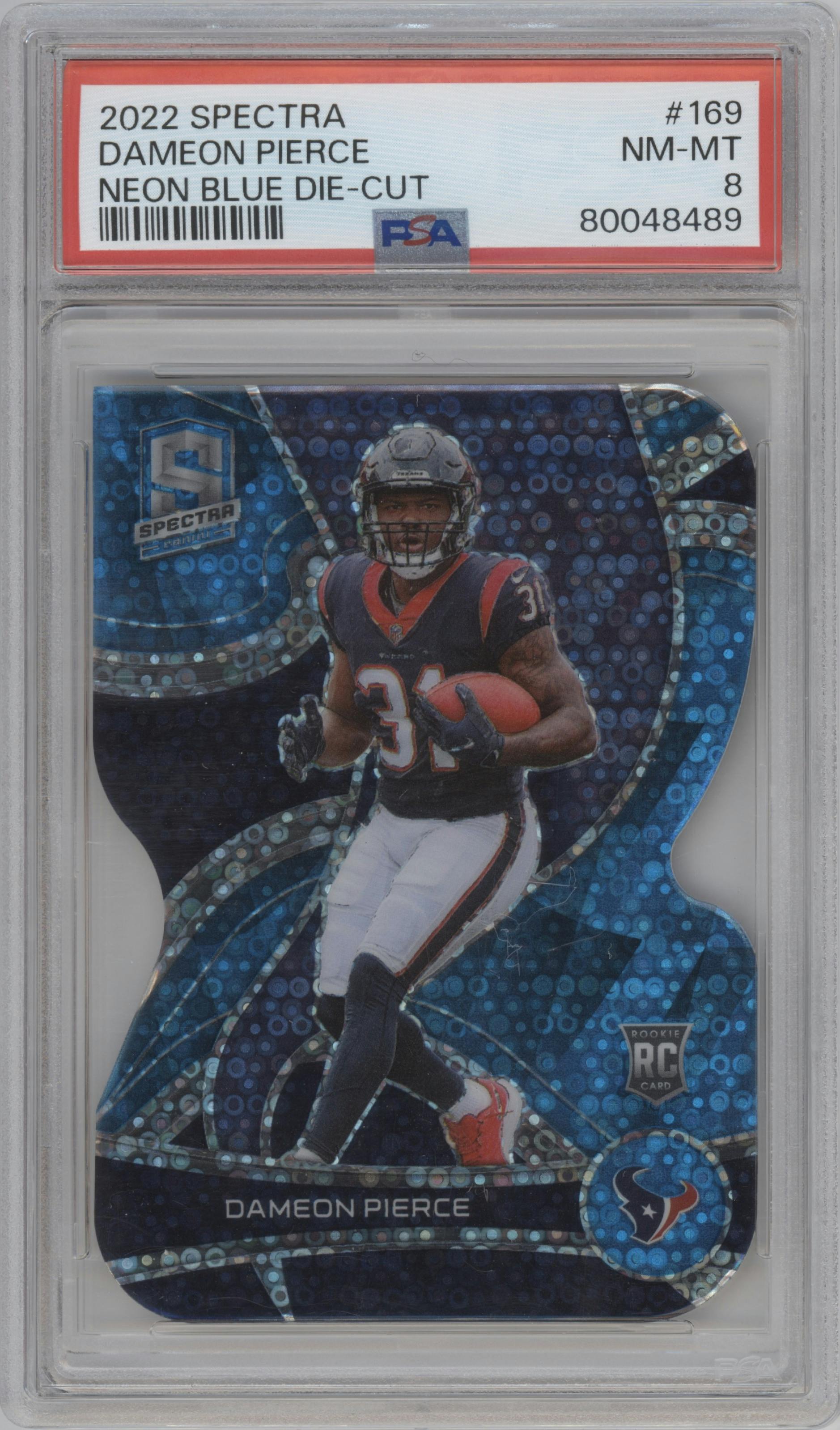 Dameon Pierce from the 2022 Panini Spectra set featuring a Die-Cut Neon Blue parallel graded by PSA and given an overall grade of 8.