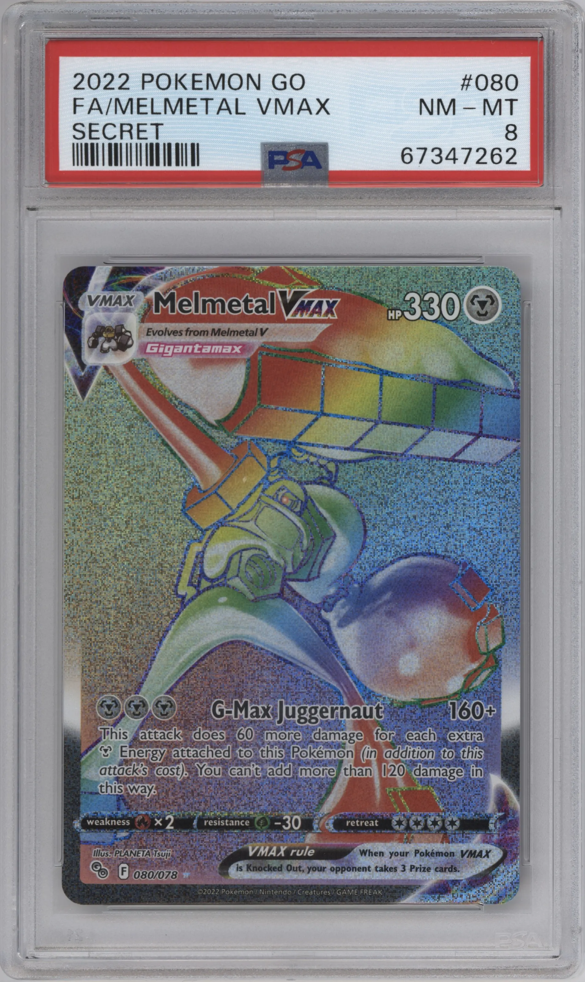 Melmetal VMAX from the 2022 Pokemon SWSH set graded by PSA and given an overall grade of 8.