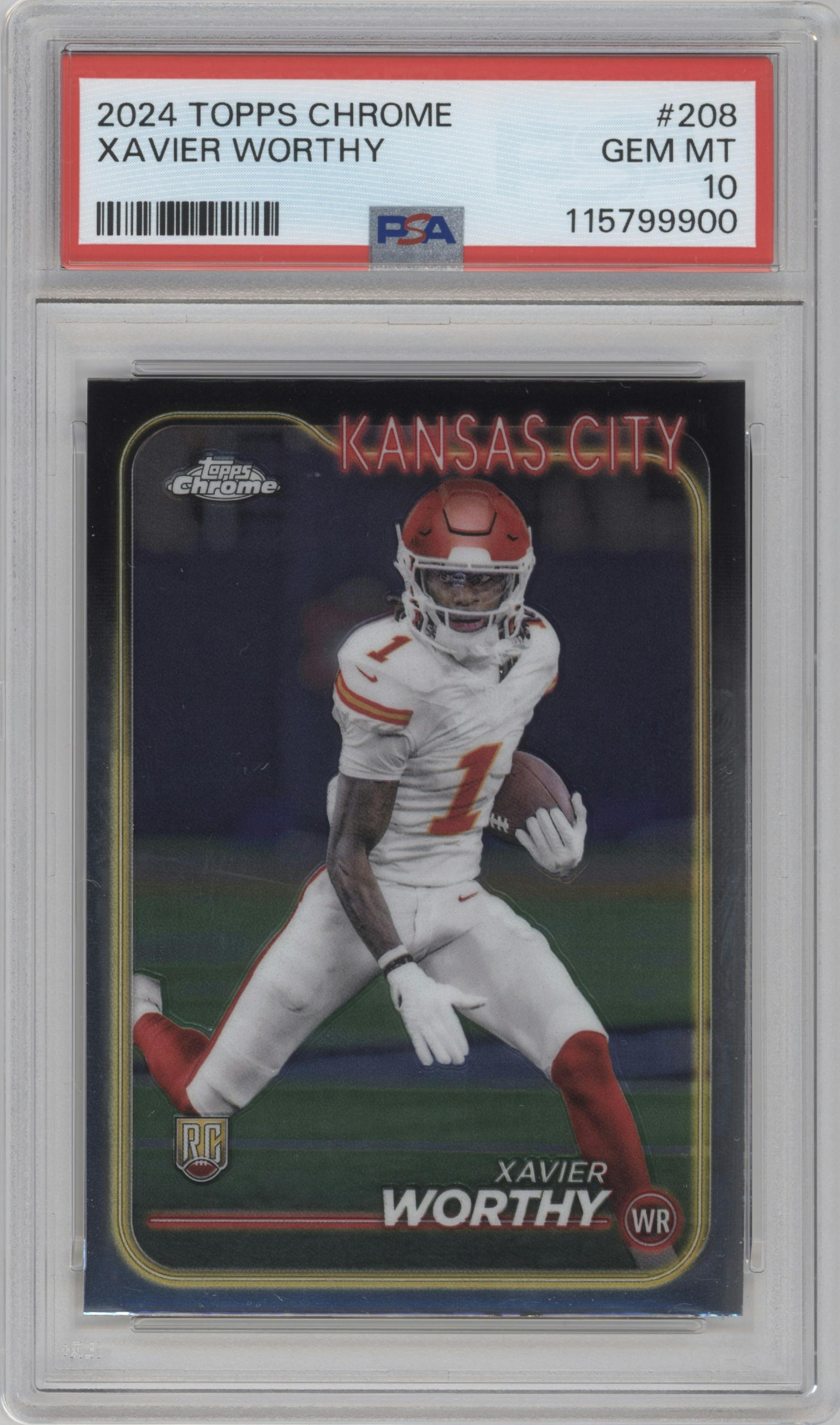 Xavier Worthy from the 2024 Topps Chrome set graded by PSA and given an overall grade of 10.