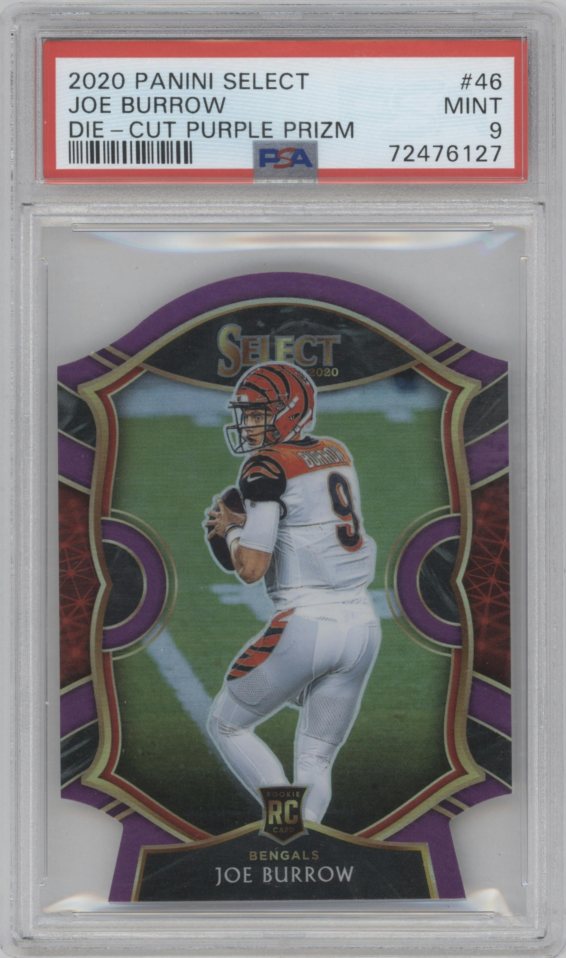 Joe Burrow from the 2020 Panini Select set featuring a Die-Cut Purple parallel graded by PSA and given an overall grade of 9.