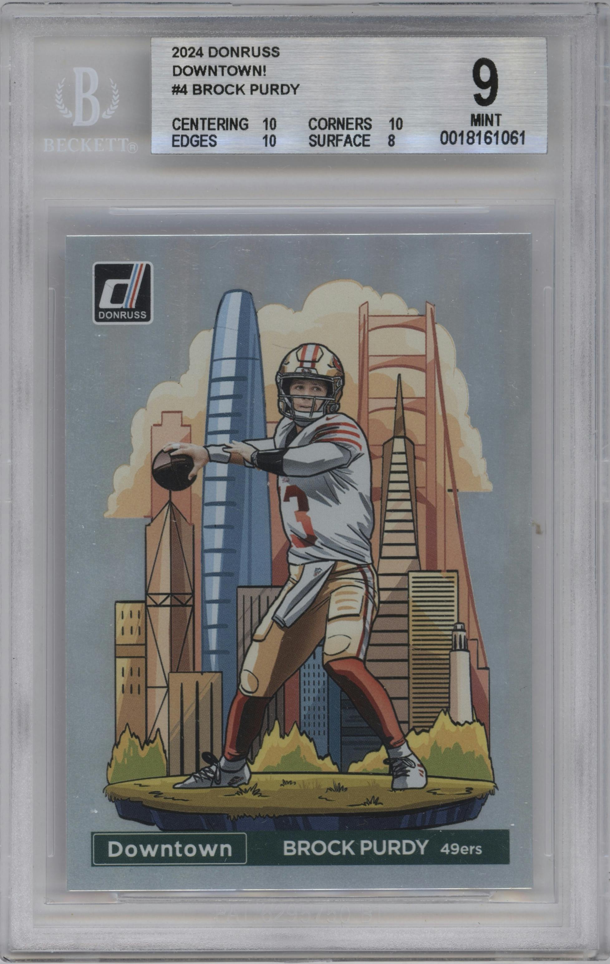 Brock Purdy from the 2024 Donruss set graded by Beckett and given an overall grade of 9.