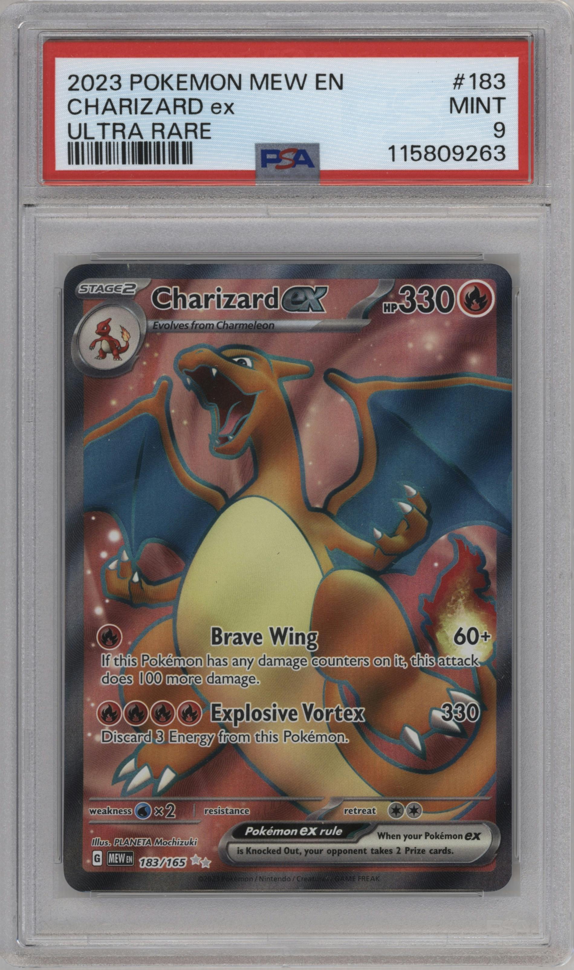 Charizard ex from the 2023 Pokemon SV set graded by PSA and given an overall grade of 9.