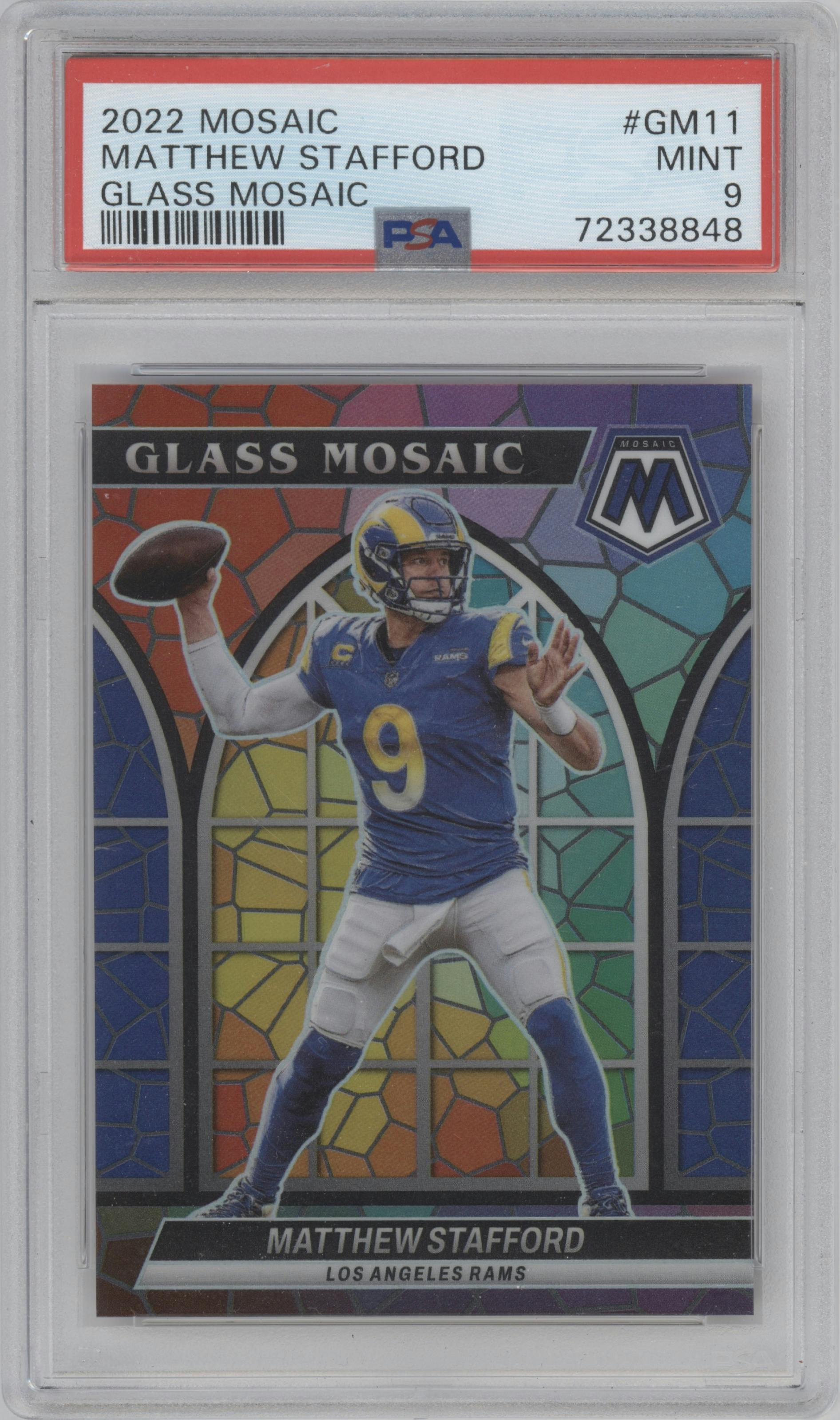 Matthew Stafford from the 2022 Panini Mosaic set graded by PSA and given an overall grade of 9.