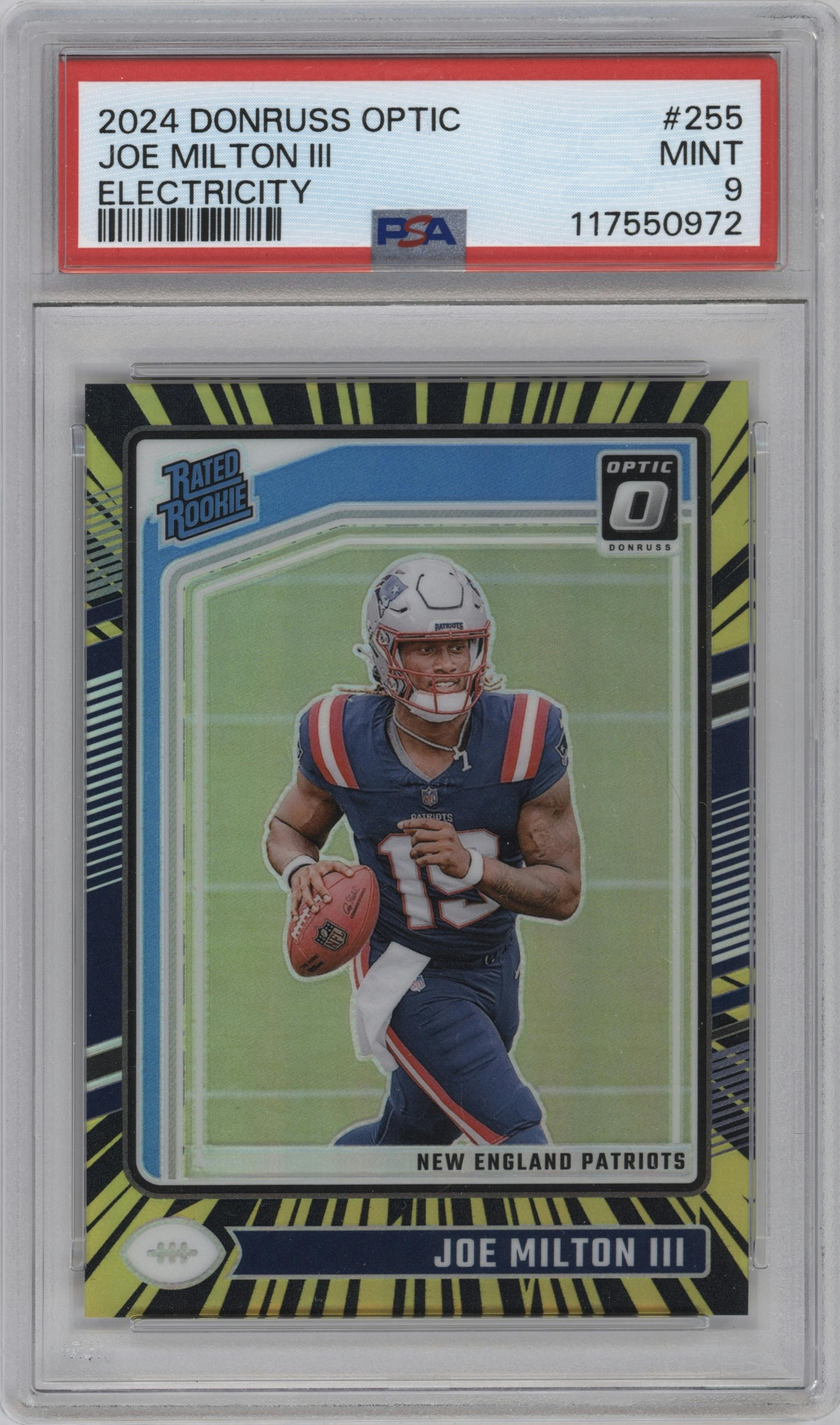 Joe Milton III from the 2024 Donruss Optic set featuring a Electricity  parallel graded by PSA and given an overall grade of 9.