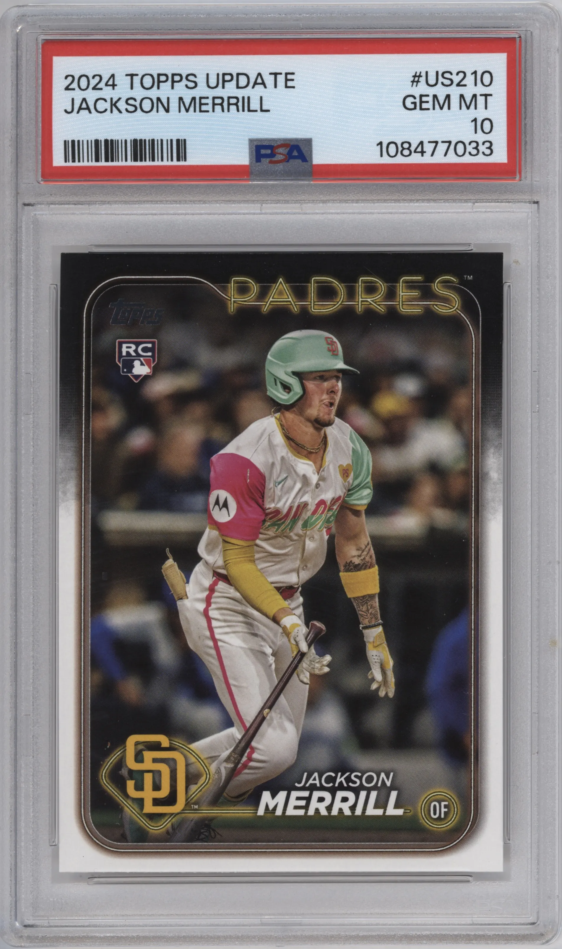 Jackson Merrill from the 2024 Topps Update set graded by PSA and given an overall grade of 10.