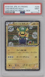 Luigi Pikachu from the 2016 Pokemon XY JPN set featuring a Luigi Pikachu Special Box parallel graded by PSA and given an overall grade of 9.