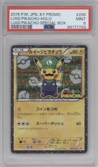 Luigi Pikachu from the 2016 Pokemon XY JPN set featuring a Luigi Pikachu Special Box parallel graded by PSA and given an overall grade of 9.