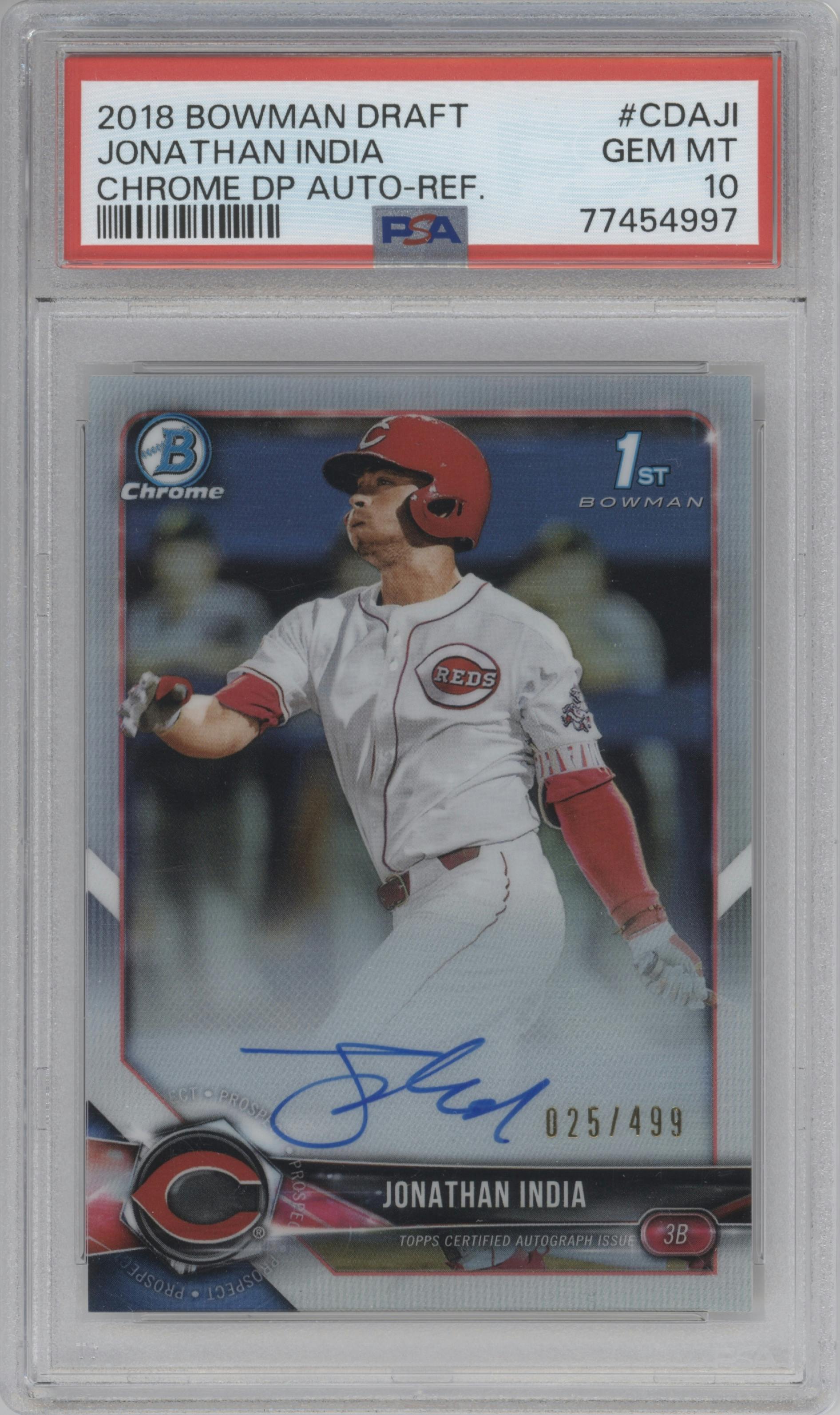 Jonathan India from the 2018 Bowman Draft set featuring a Refractor parallel graded by PSA and given an overall grade of 10.