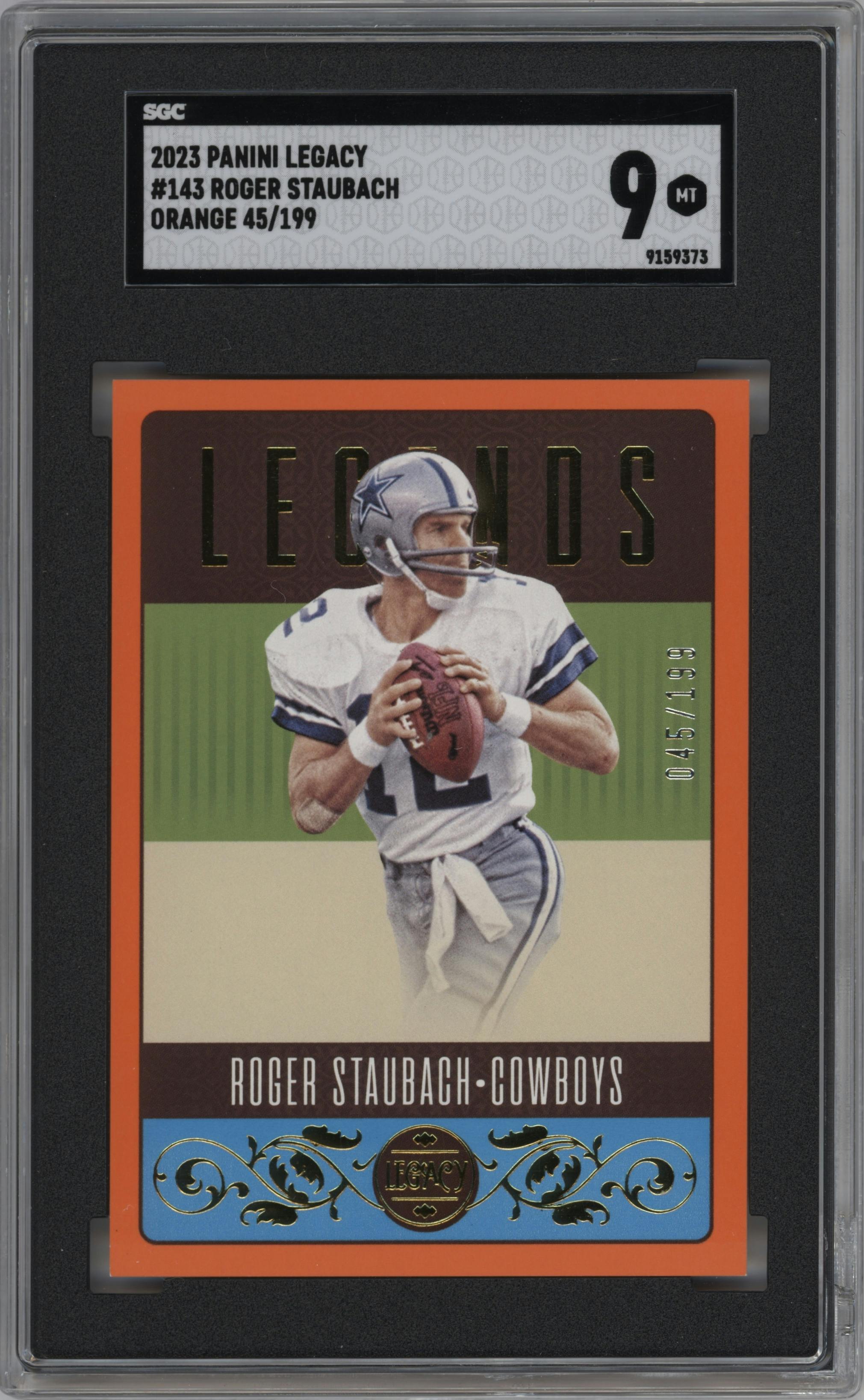 Roger Staubach from the 2023 Panini Legacy set featuring a Orange parallel graded by SGC and given an overall grade of 9.