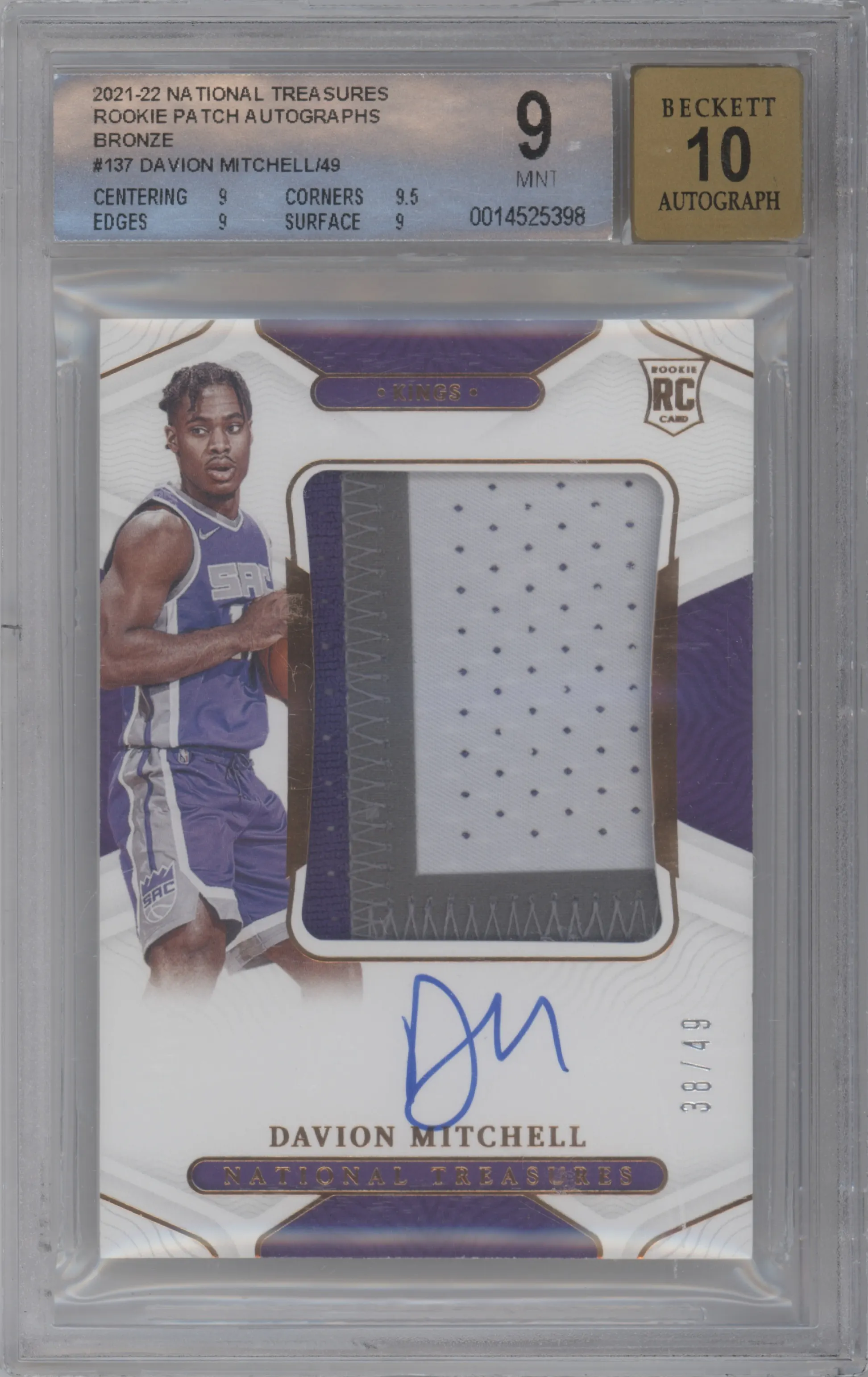 2021 Panini National Treasures RPA Davion Mitchell Bronze BGS 9