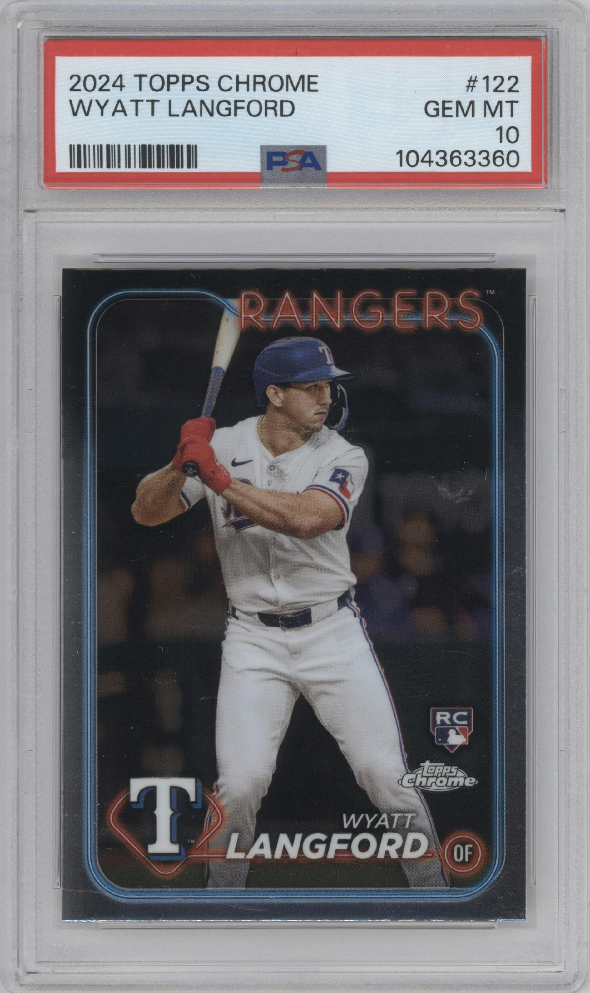 Wyatt Langford from the 2024 Topps Chrome set graded by PSA and given an overall grade of 10.