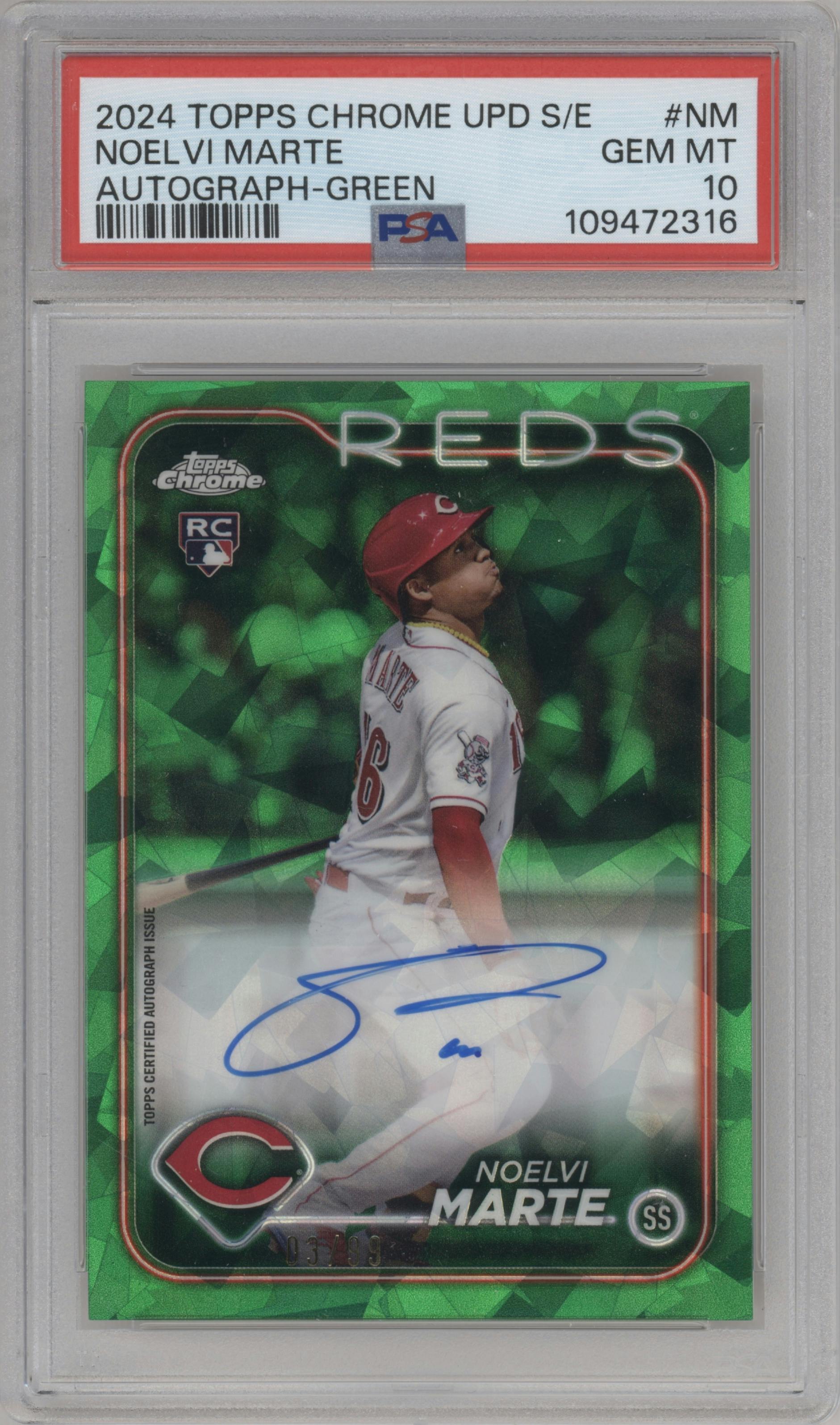 Noelvi Marte from the 2024 Topps Chrome Update Sapphire Edition set featuring a Green Sapphire Refractor parallel graded by PSA and given an overall grade of 10.