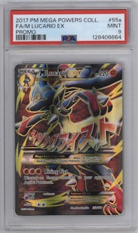M Lucario EX from the 2017 Pokemon XY set featuring a Mega Powers Collection parallel graded by PSA and given an overall grade of 9.