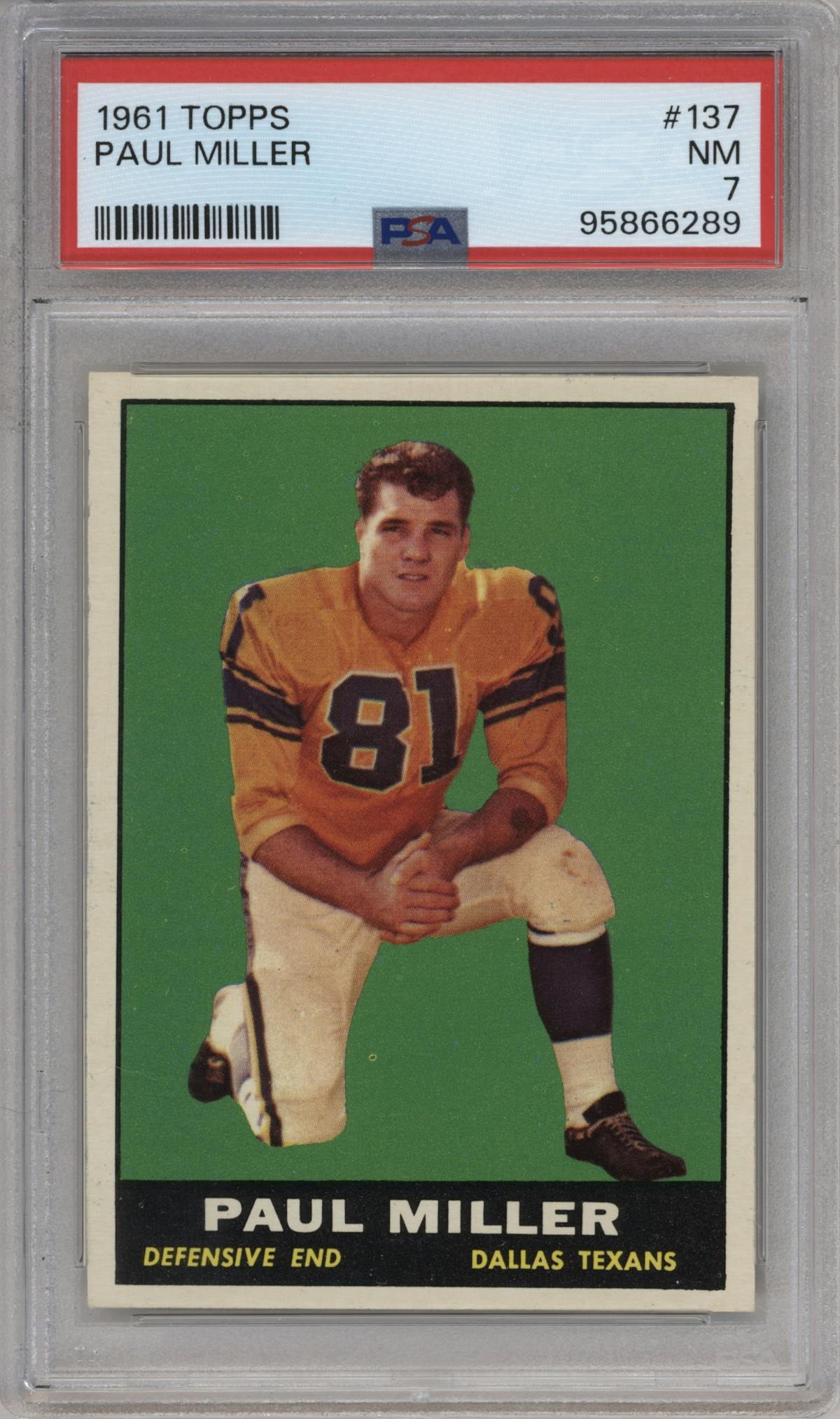 Paul Miller from the 1961 Topps set graded by PSA and given an overall grade of 7.