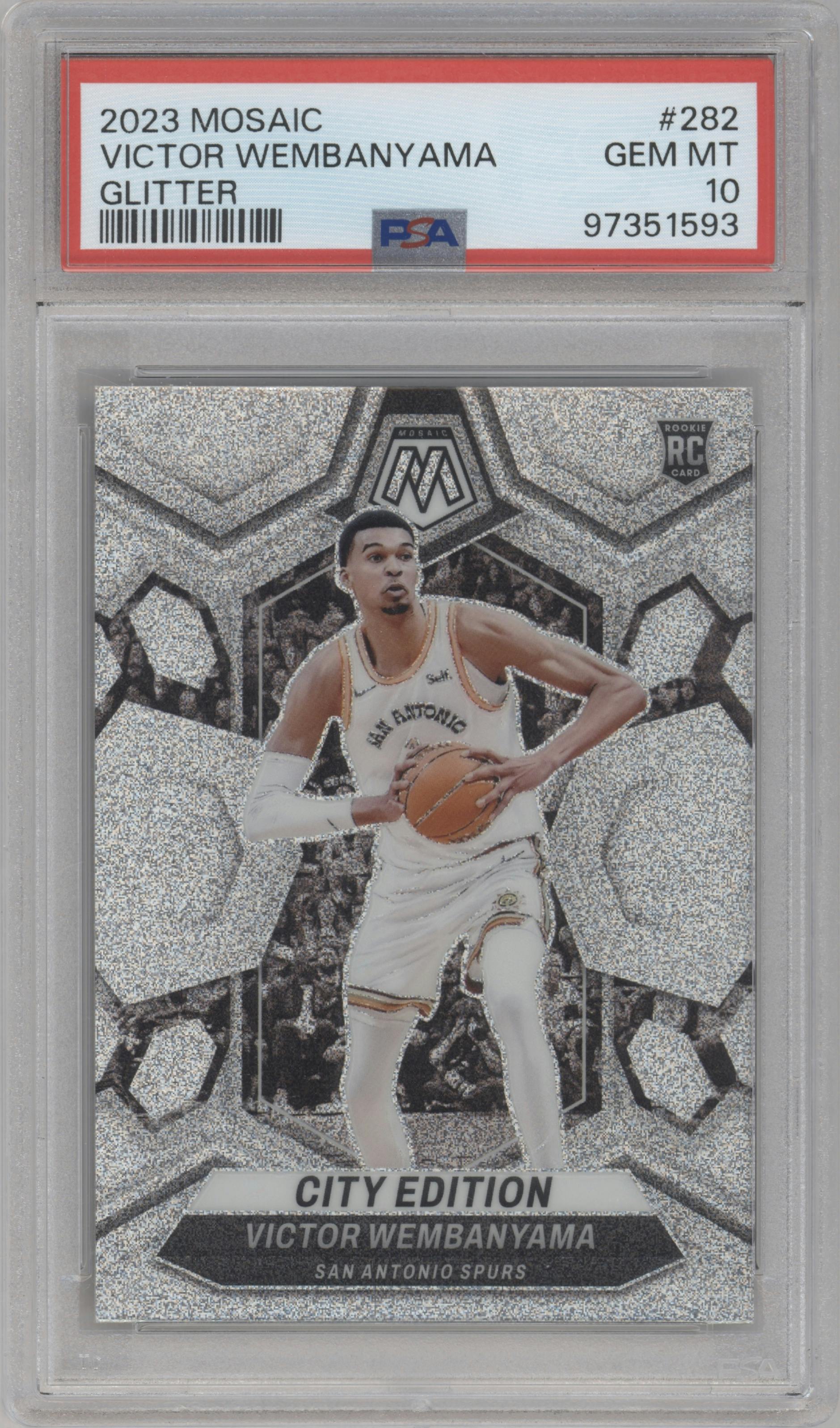 Victor Wembanyama from the 2023-24 Panini Mosaic set featuring a Glitter parallel graded by PSA and given an overall grade of 10.