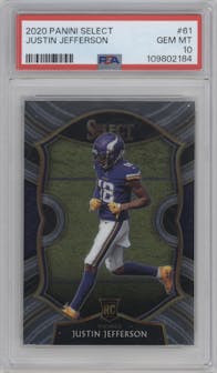 Justin Jefferson from the 2020 Panini Select set graded by PSA and given an overall grade of 10.