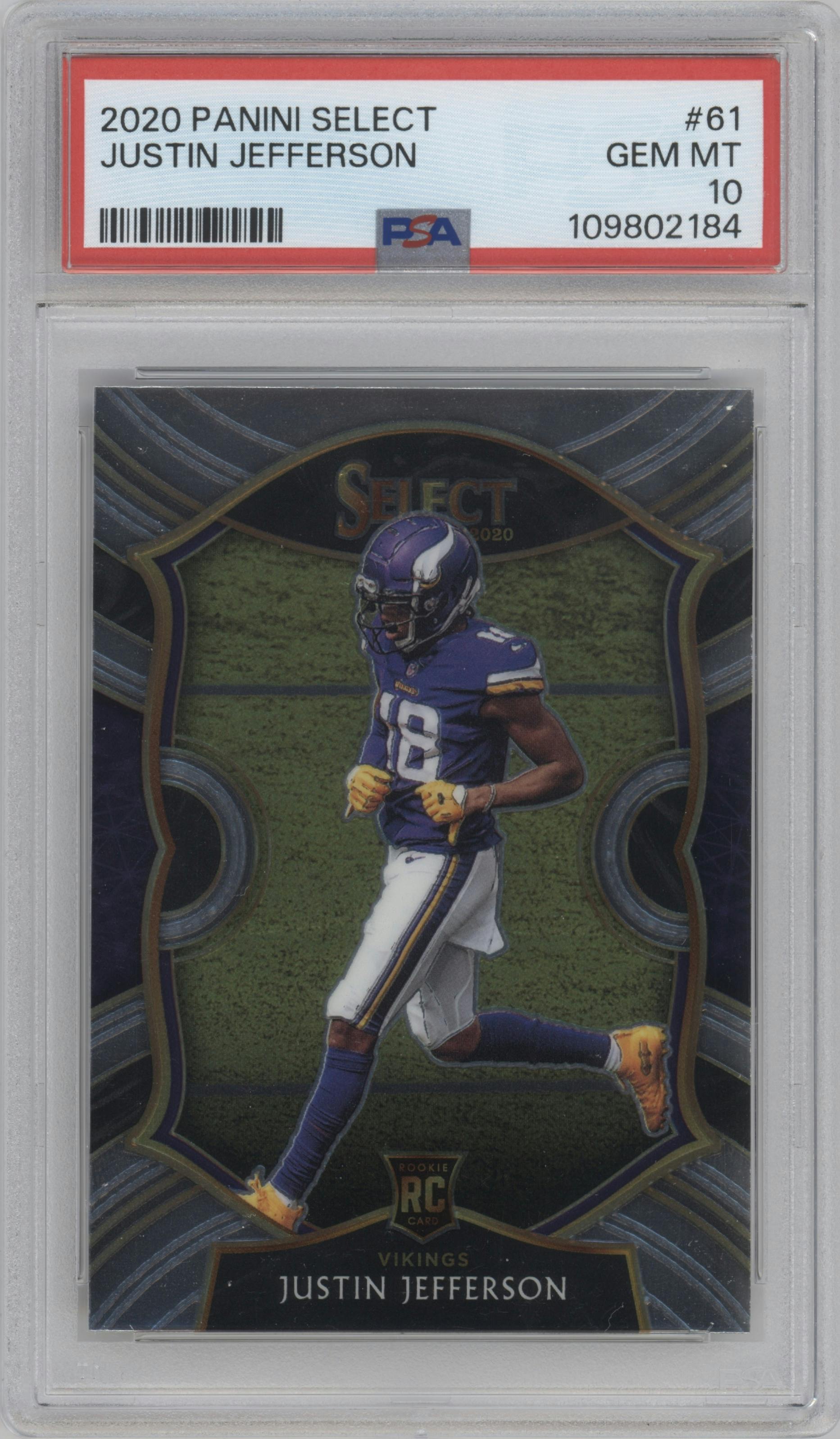 Justin Jefferson from the 2020 Panini Select set graded by PSA and given an overall grade of 10.