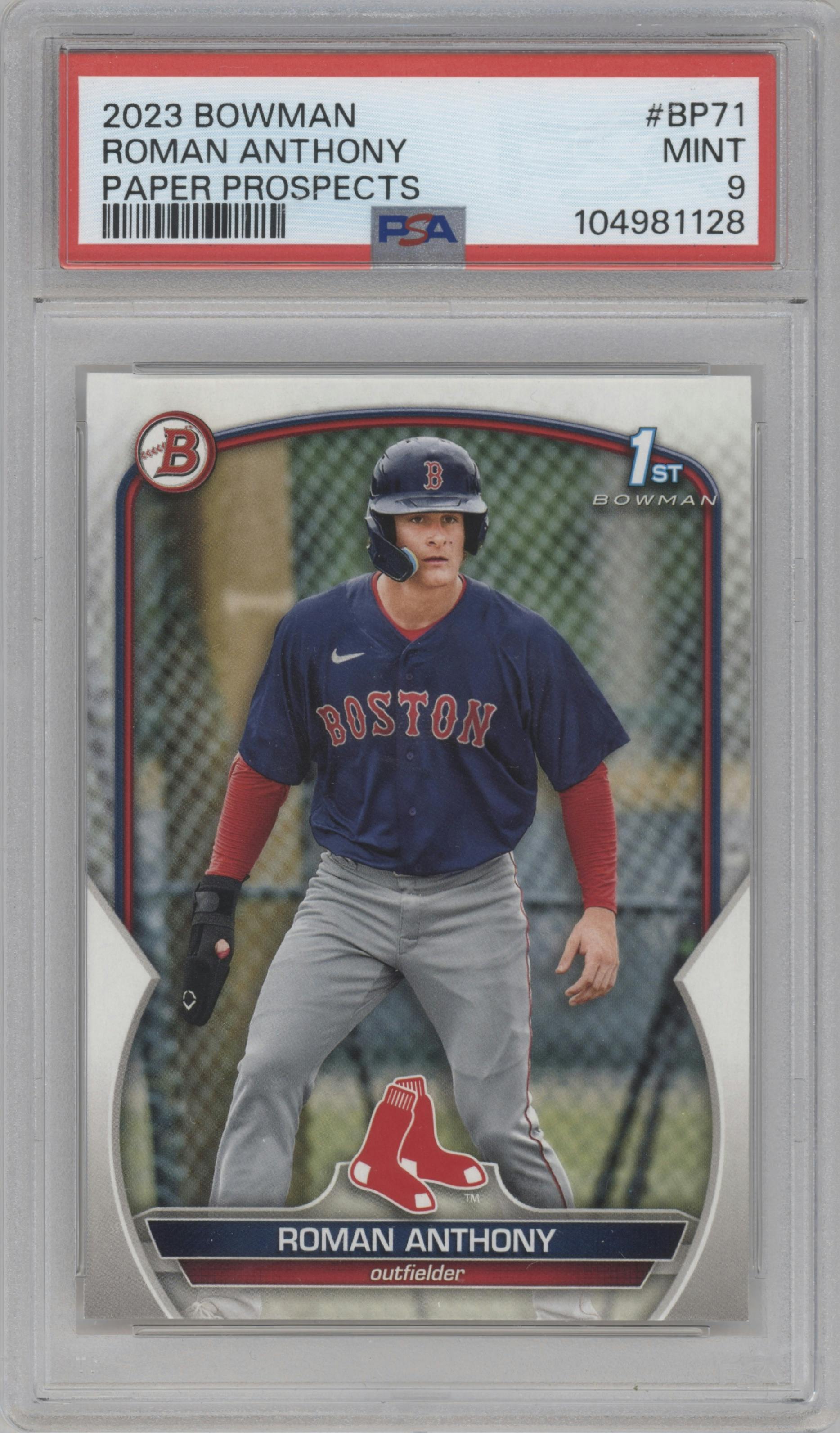 Roman Anthony from the 2023 Bowman  set graded by PSA and given an overall grade of 9.