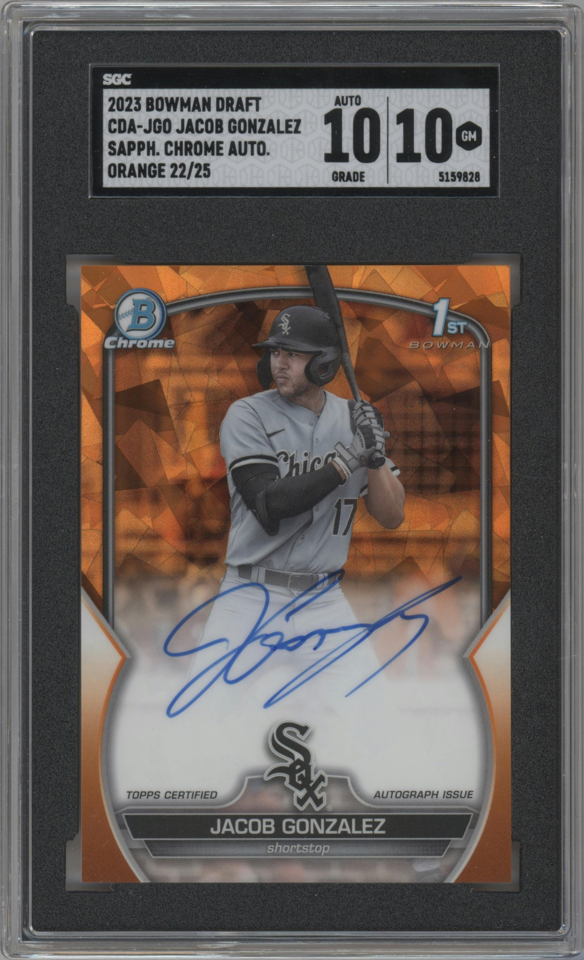 Jacob Gonzalez from the 2023 Bowman Draft Sapphire set featuring a Orange Refractor parallel graded by SGC and given an overall grade of 10.