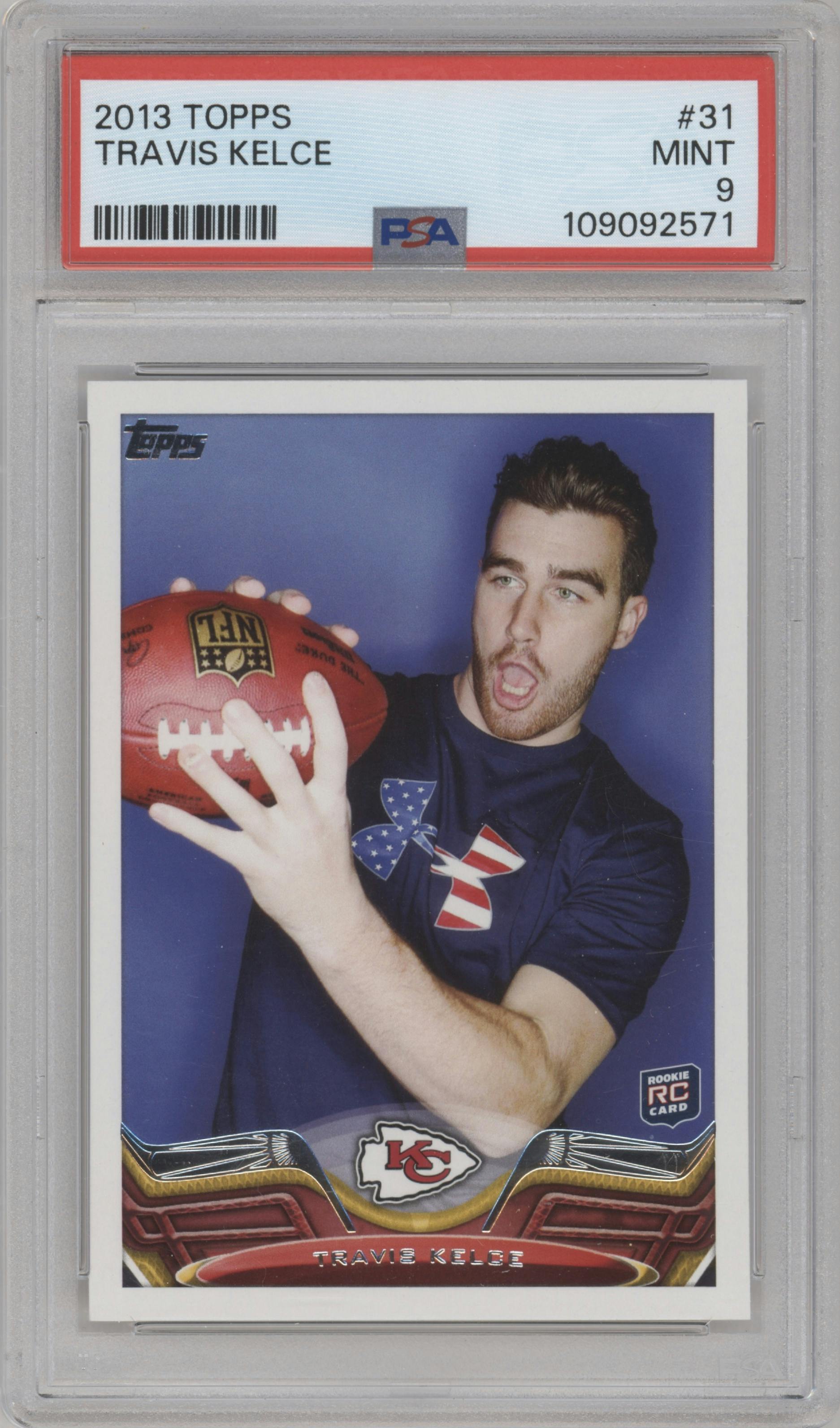 Travis Kelce from the 2013 Topps set graded by PSA and given an overall grade of 9.