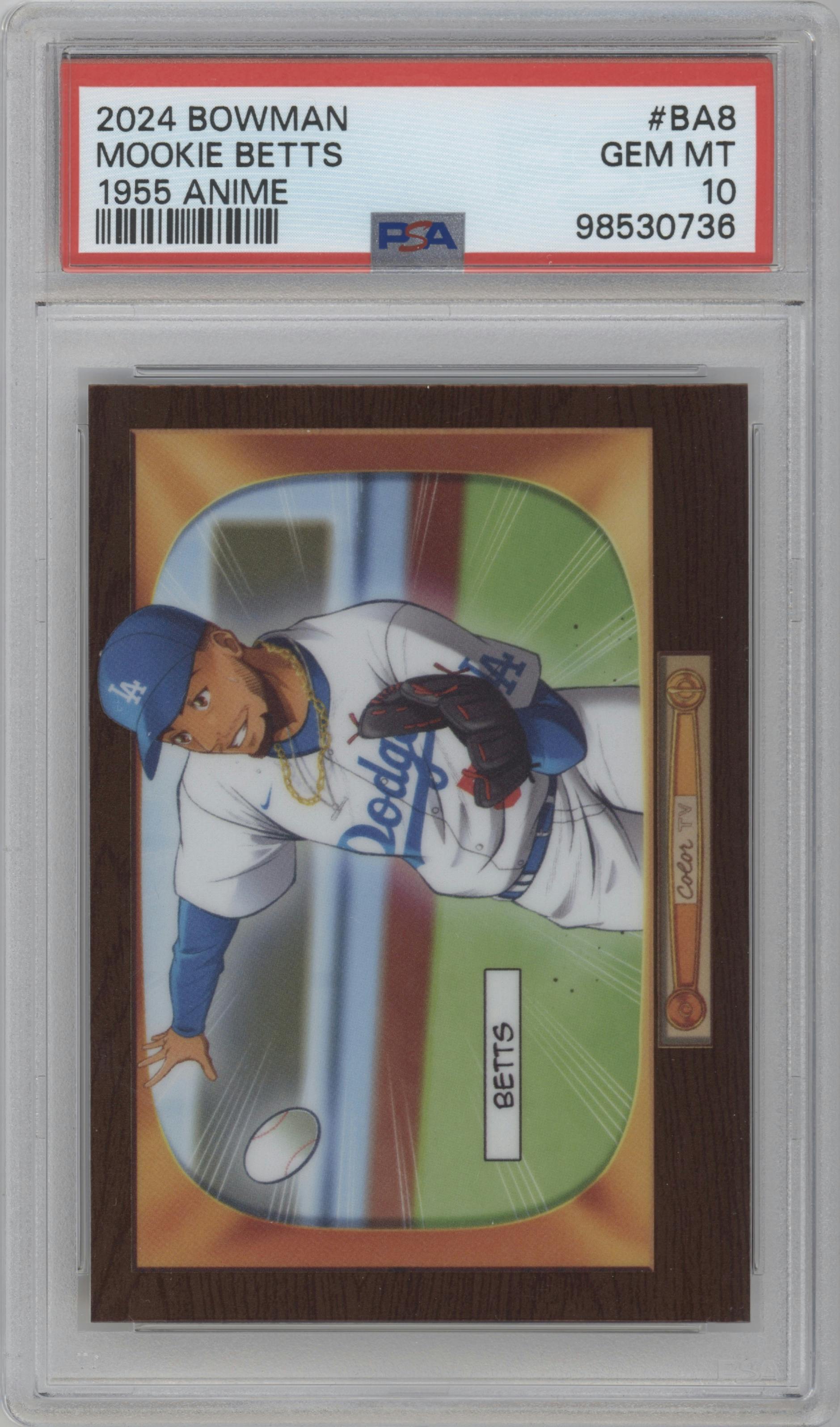 Mookie Betts from the 2024 Bowman set graded by PSA and given an overall grade of 10.