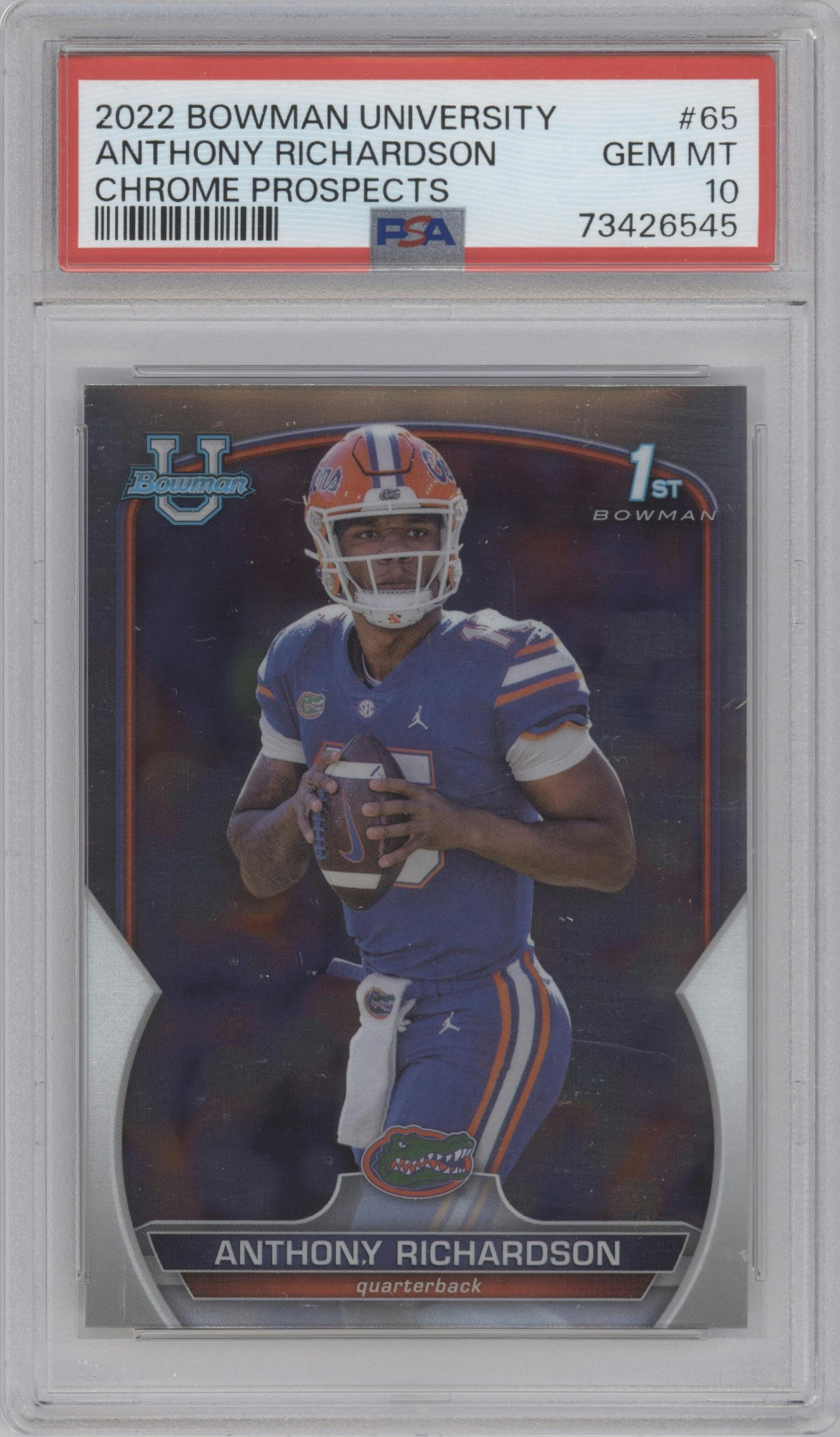 Anthony Richardson from the 2022 Bowman University Chrome set graded by PSA and given an overall grade of 10.