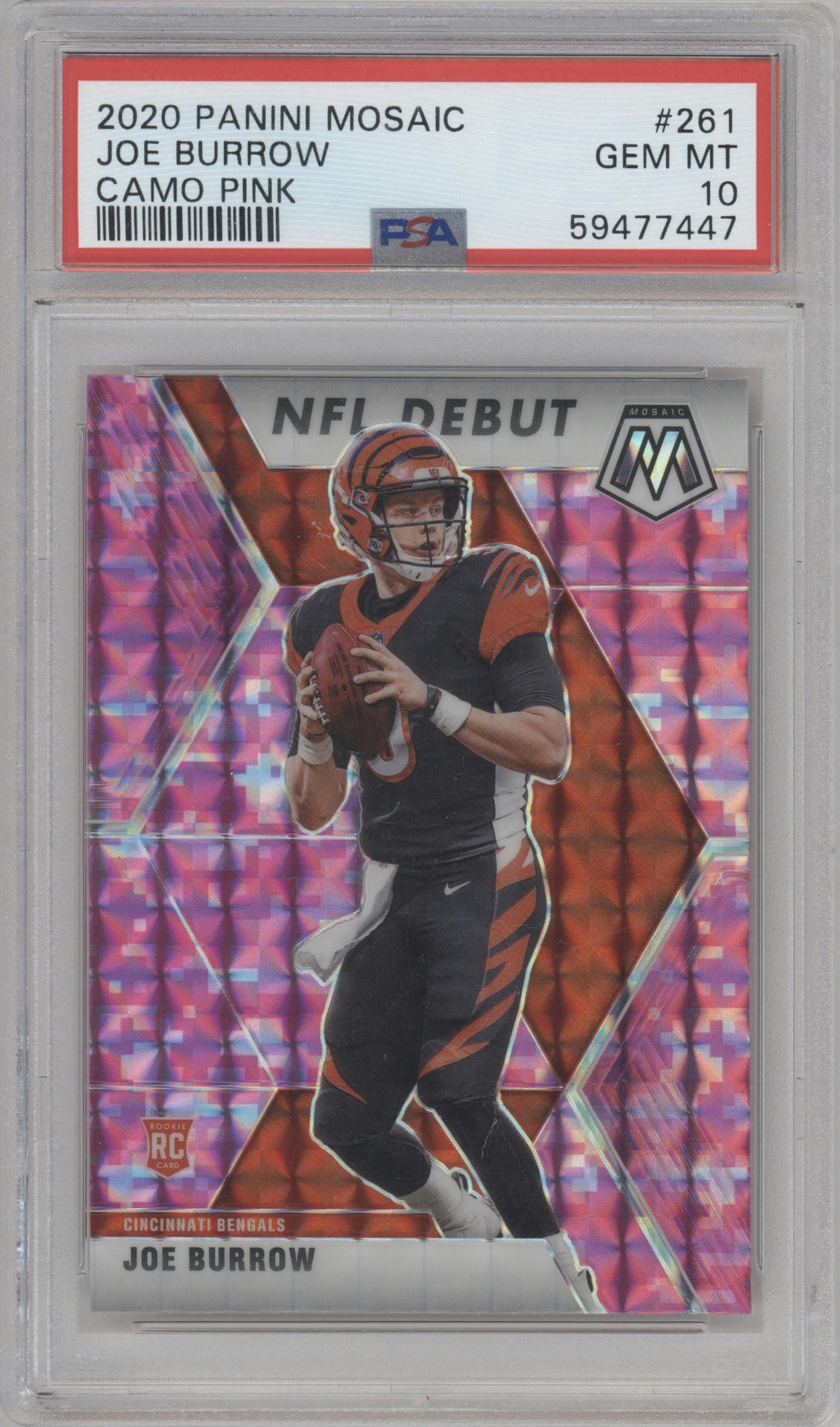 Joe Burrow from the 2020 Panini Mosaic set featuring a Pink Camo parallel graded by PSA and given an overall grade of 10.