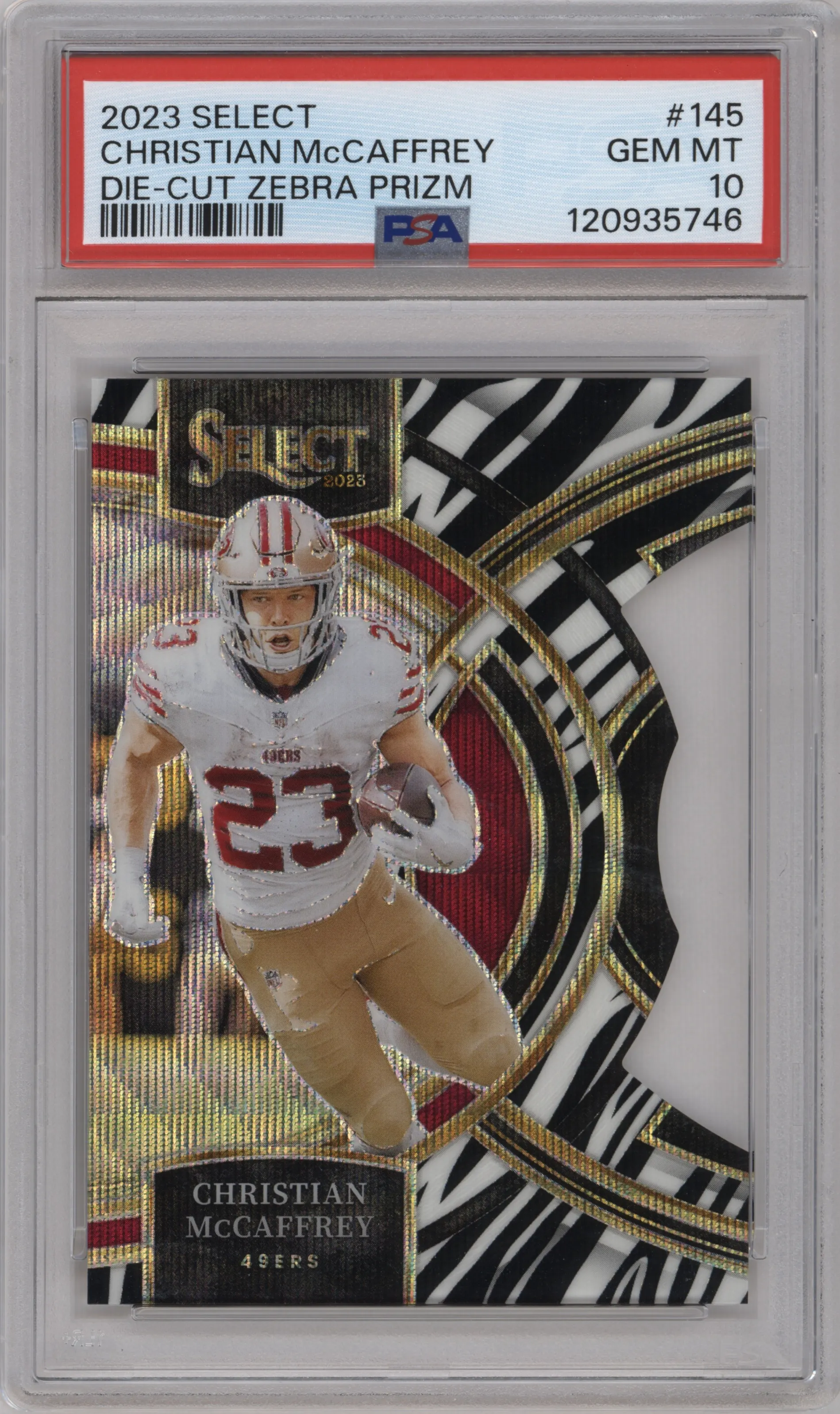 2023 Panini Select Pre.Lvl. Christian McCaffrey Die-Cut Zebra #145 PSA 10