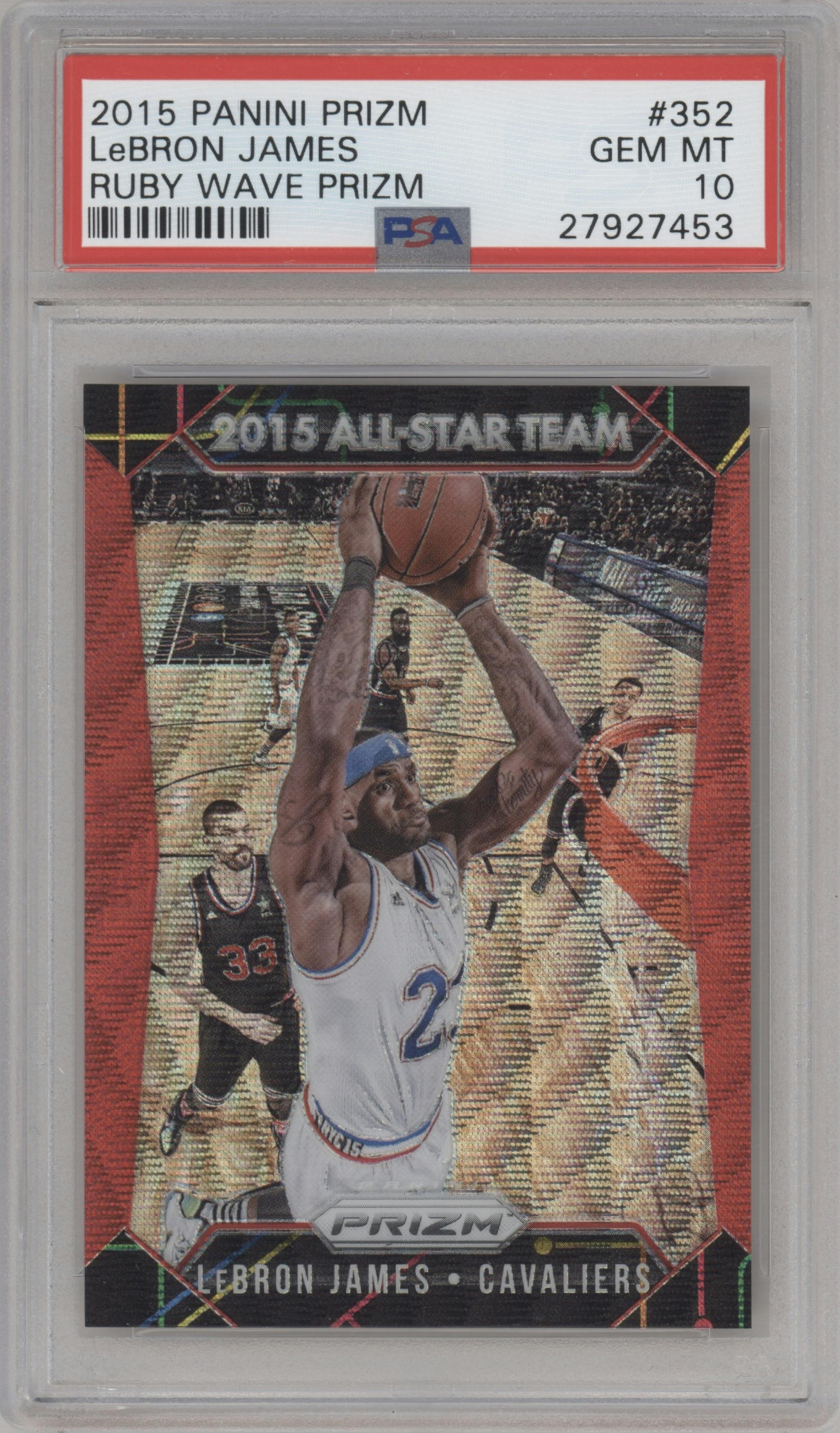 LeBron James from the 2015-16 Panini Prizm  set featuring a Ruby Wave parallel graded by PSA and given an overall grade of 10.