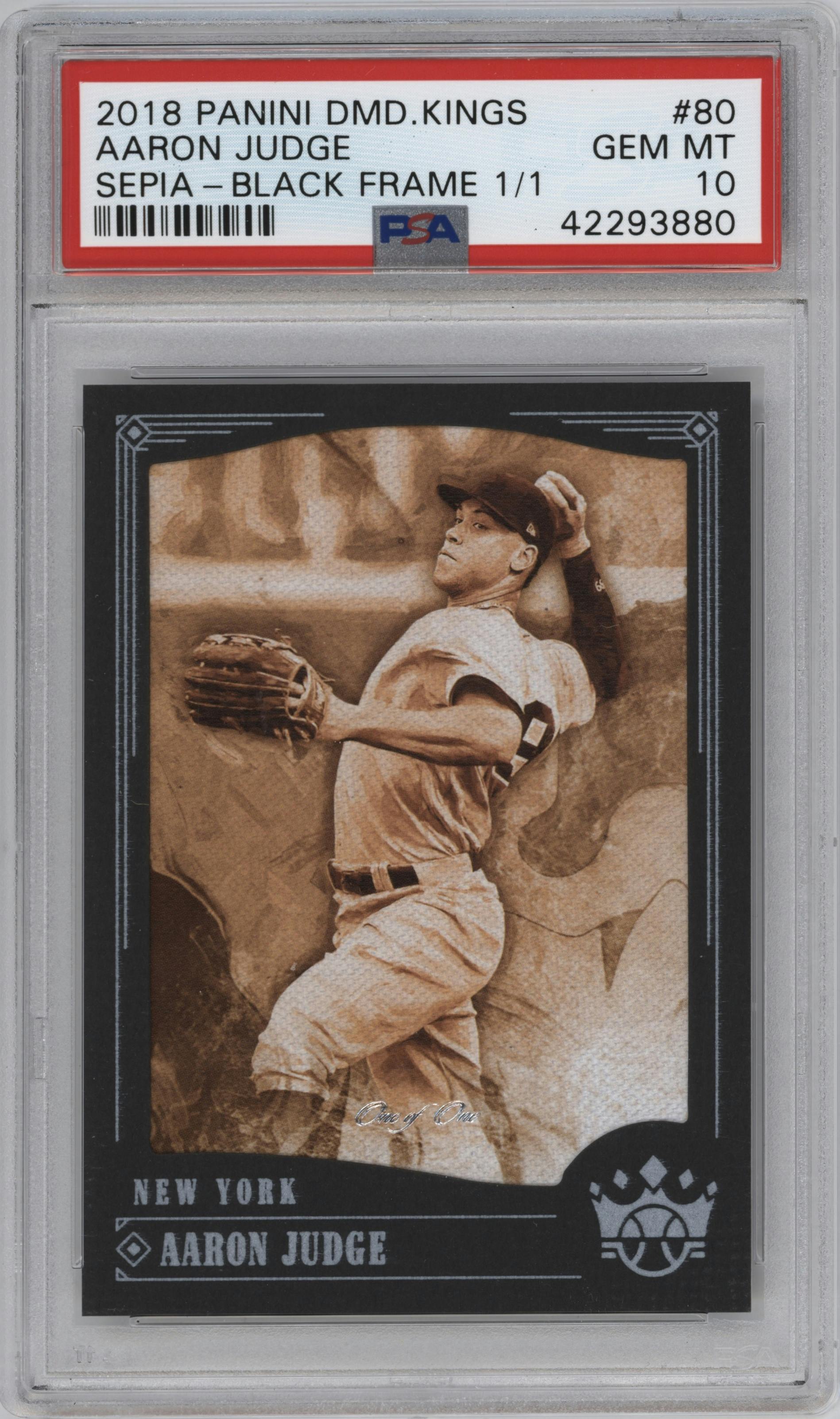 Aaron Judge from the 2018 Panini Diamond Kings set featuring a Black Framed  parallel graded by PSA and given an overall grade of 10.