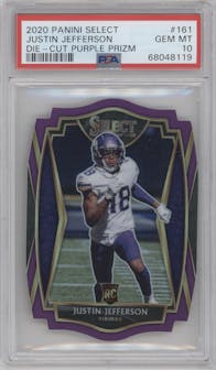 Justin Jefferson from the 2020 Panini Select set featuring a Die-Cut Purple parallel graded by PSA and given an overall grade of 10.