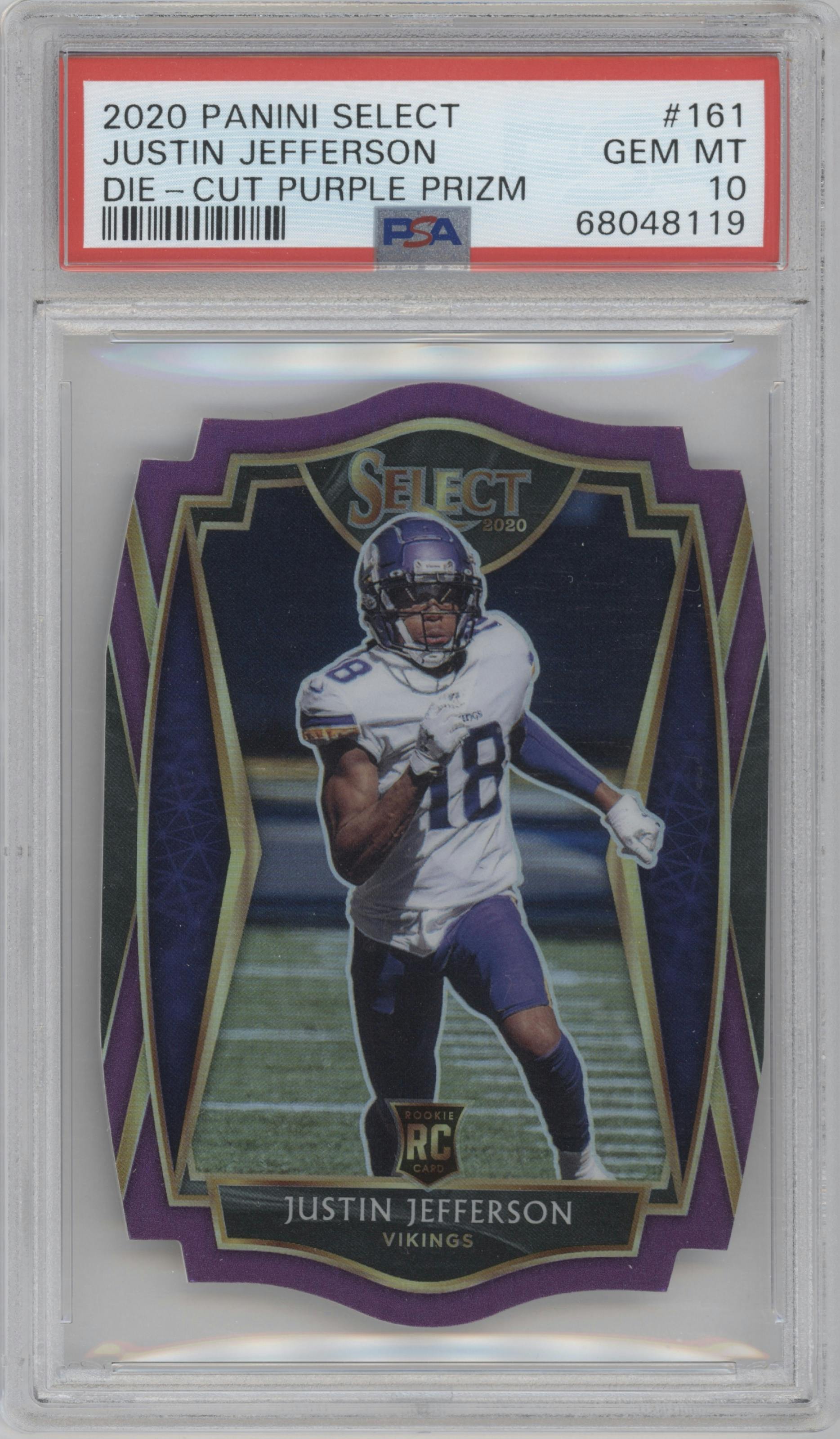 Justin Jefferson from the 2020 Panini Select set featuring a Die-Cut Purple parallel graded by PSA and given an overall grade of 10.