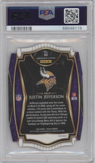 Justin Jefferson from the 2020 Panini Select set featuring a Die-Cut Purple parallel graded by PSA and given an overall grade of 10.