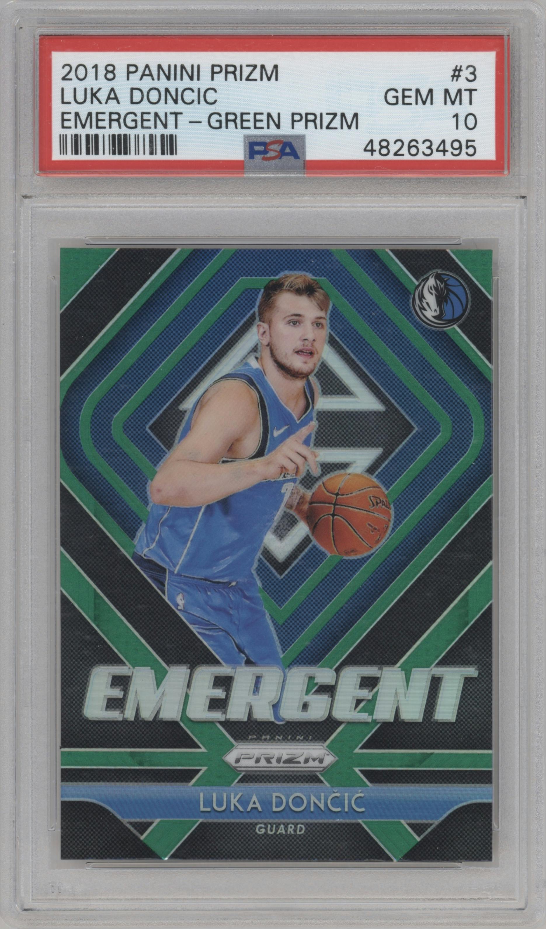 Luka Doncic from the 2018-19 Panini Prizm set featuring a Green Prizm parallel graded by PSA and given an overall grade of 10.
