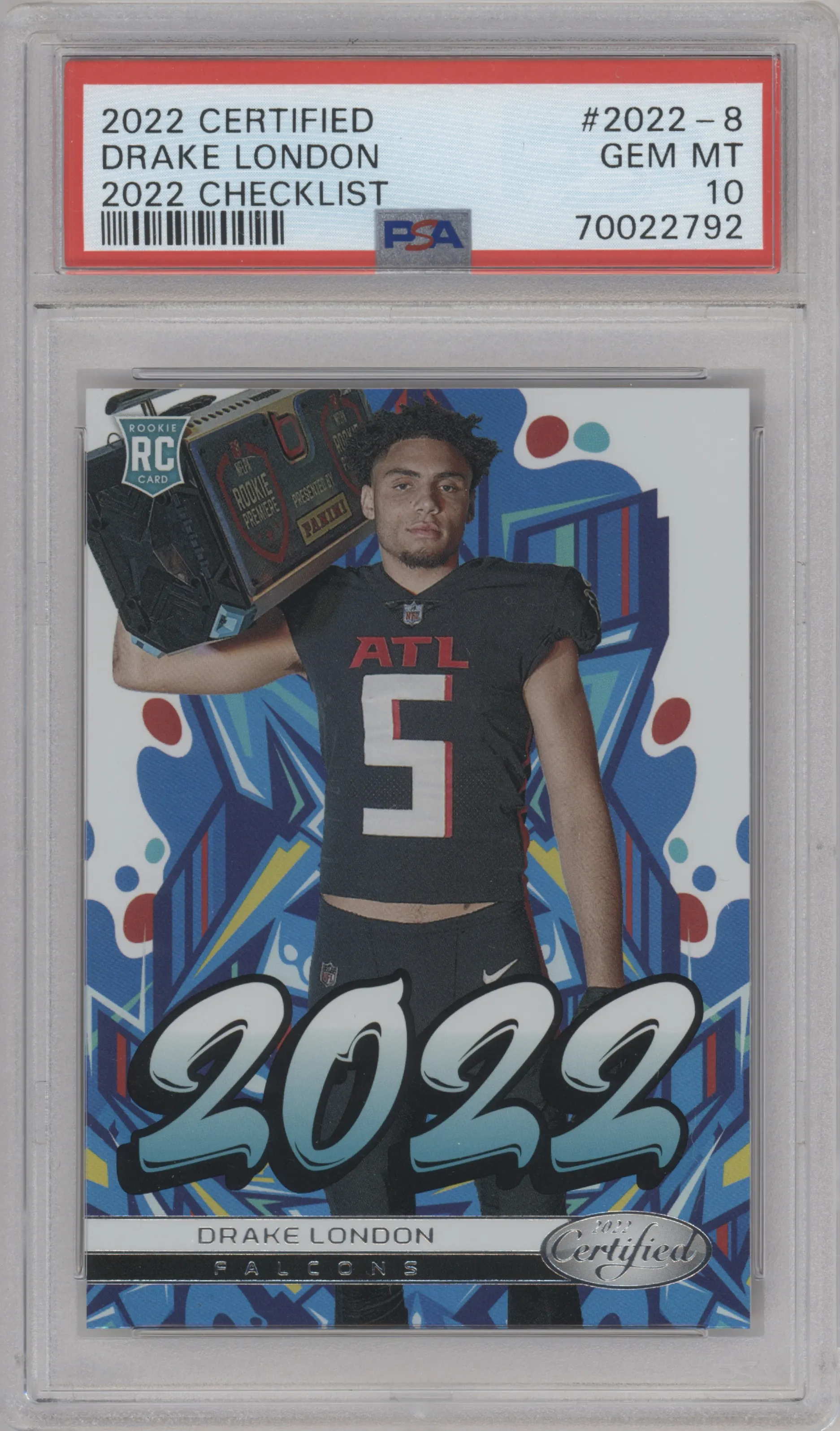 Drake London from the 2022 Panini Certified set graded by PSA and given an overall grade of 10.