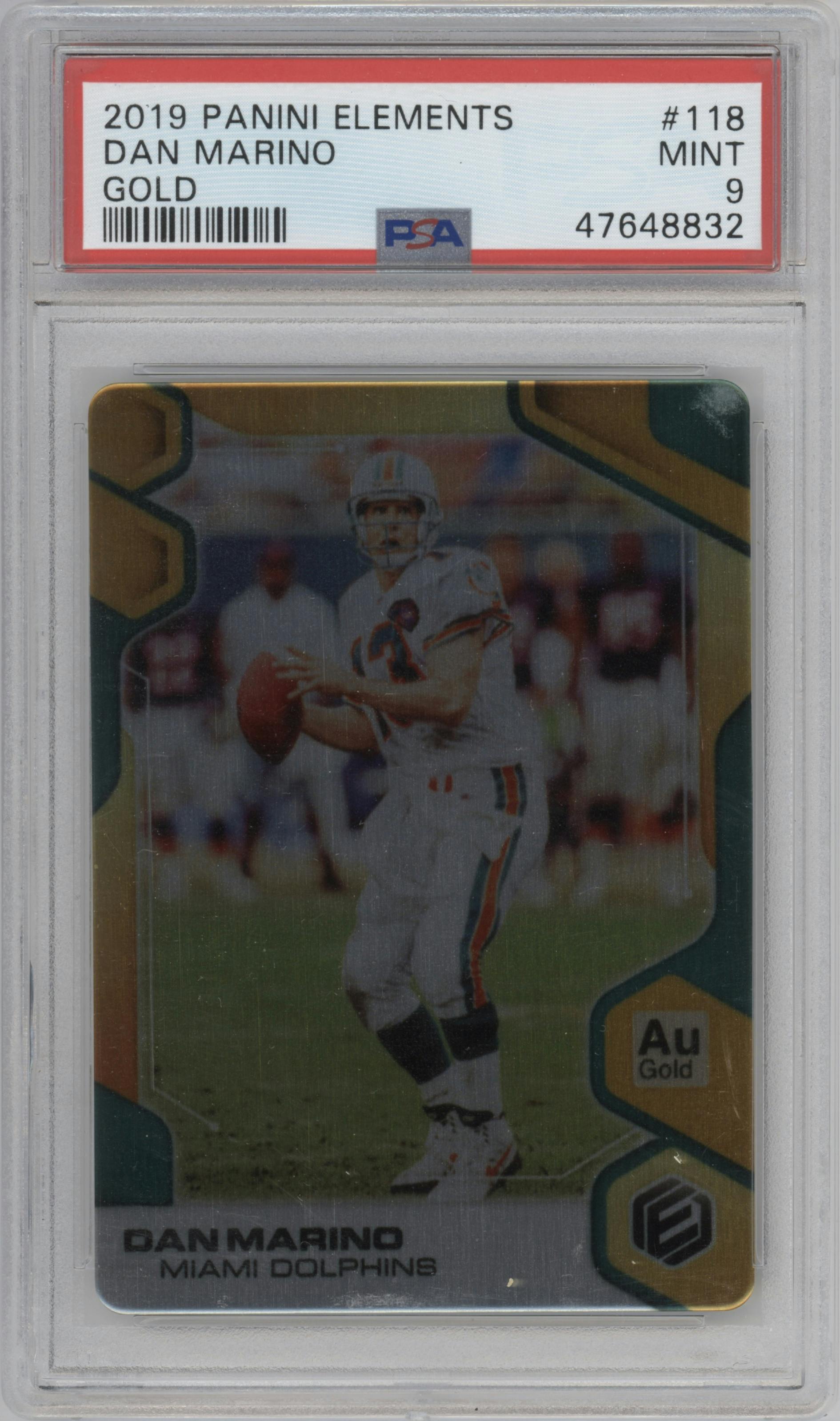 Dan Marino from the 2019 Panini Elements set featuring a Gold parallel graded by PSA and given an overall grade of 9.