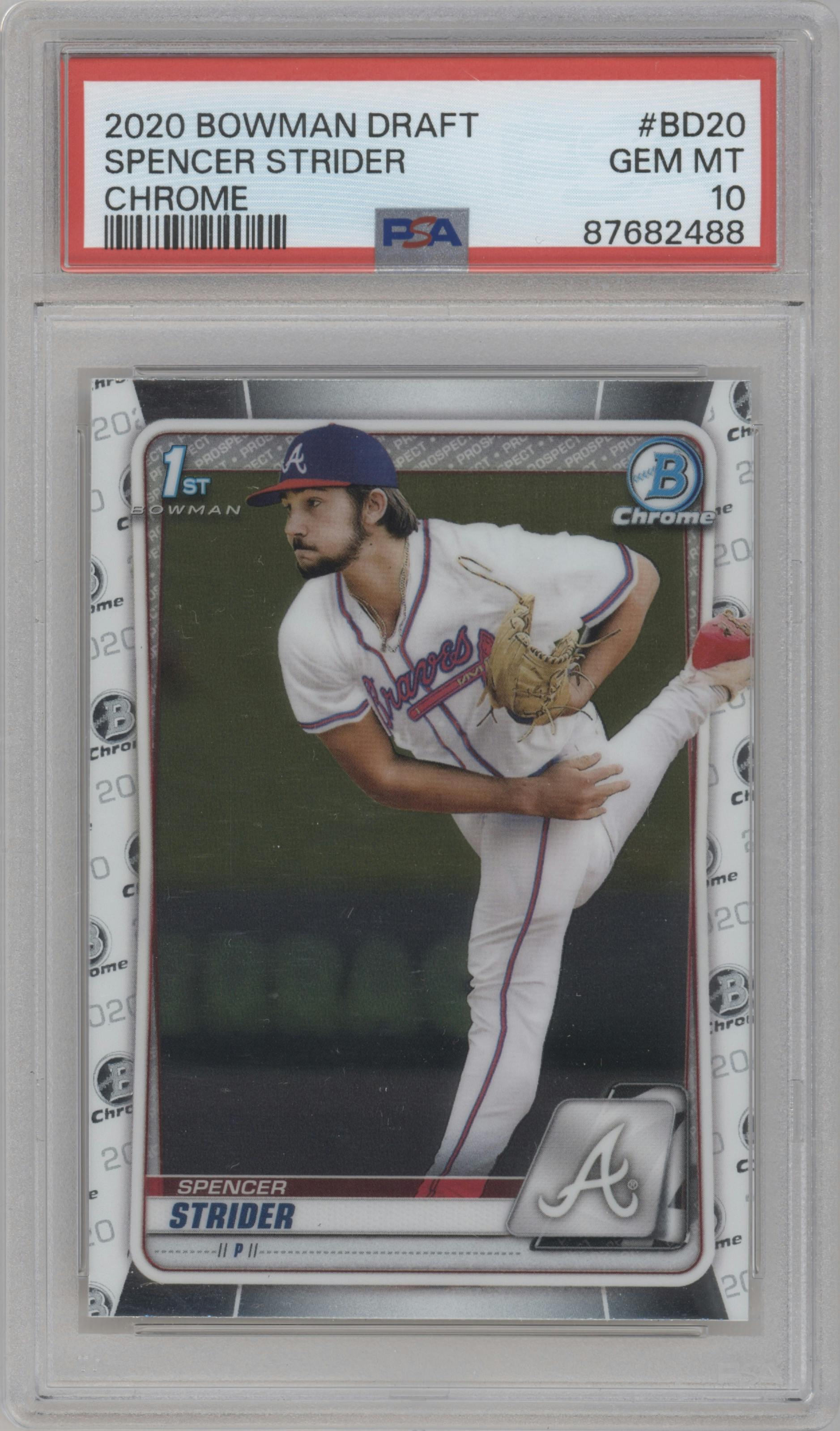 Spencer Strider from the 2020 Bowman Draft set graded by PSA and given an overall grade of 10.