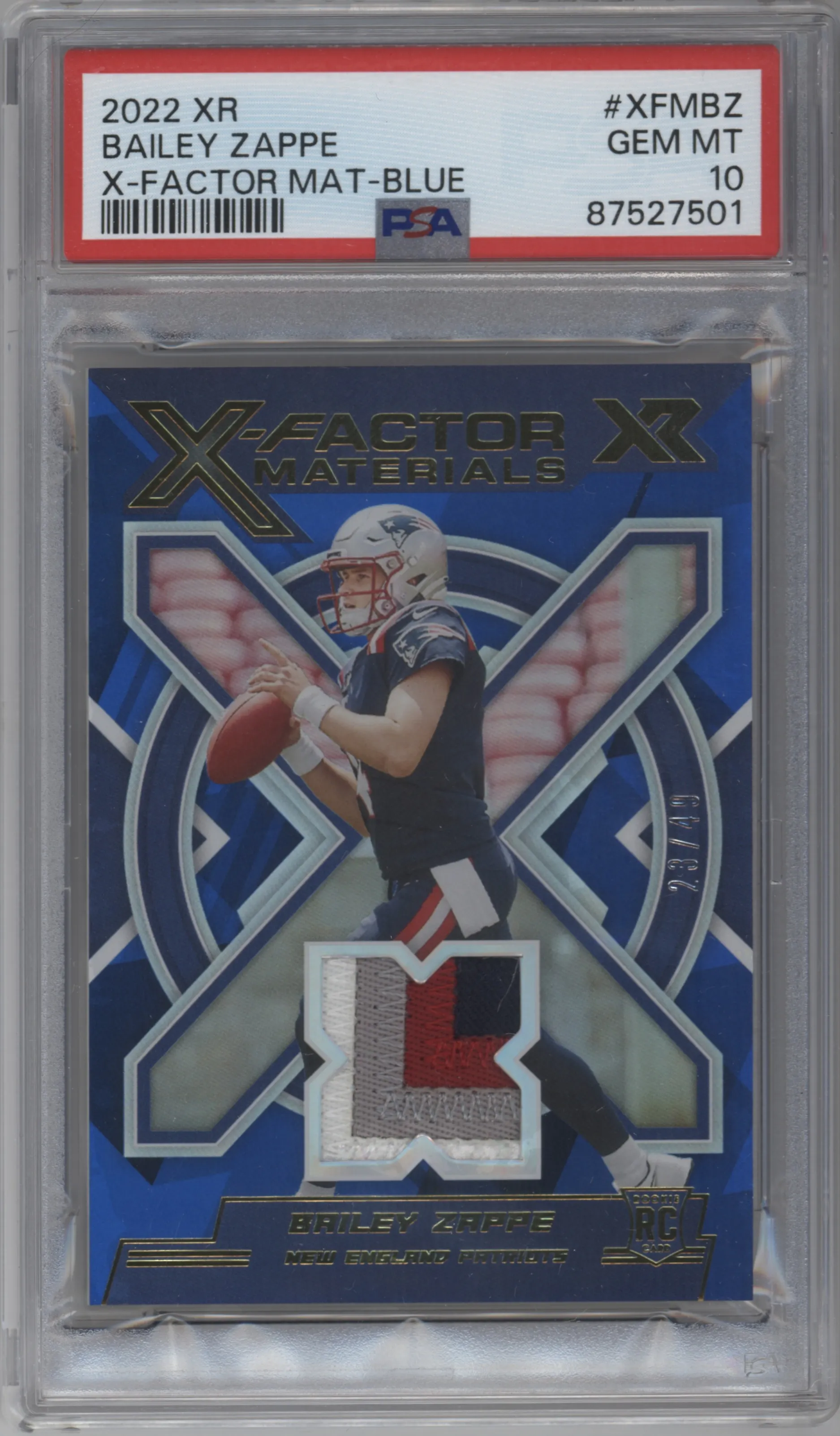 2022 Panini XR X-Factor Mat. Bailey Zappe Blue PSA 10