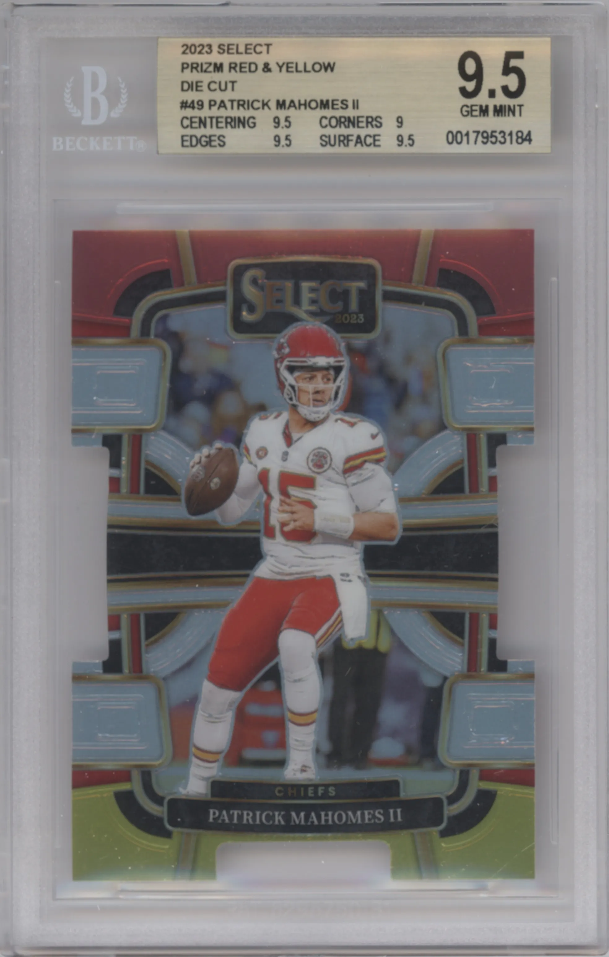 Patrick Mahomes II from the 2023 Panini Select set featuring a Die-Cut Red & Yellow parallel graded by Beckett and given an overall grade of 9.5.