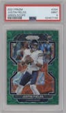 Justin Fields from the 2021 Panini Prizm set featuring a Green Scope parallel graded by PSA and given an overall grade of 9.