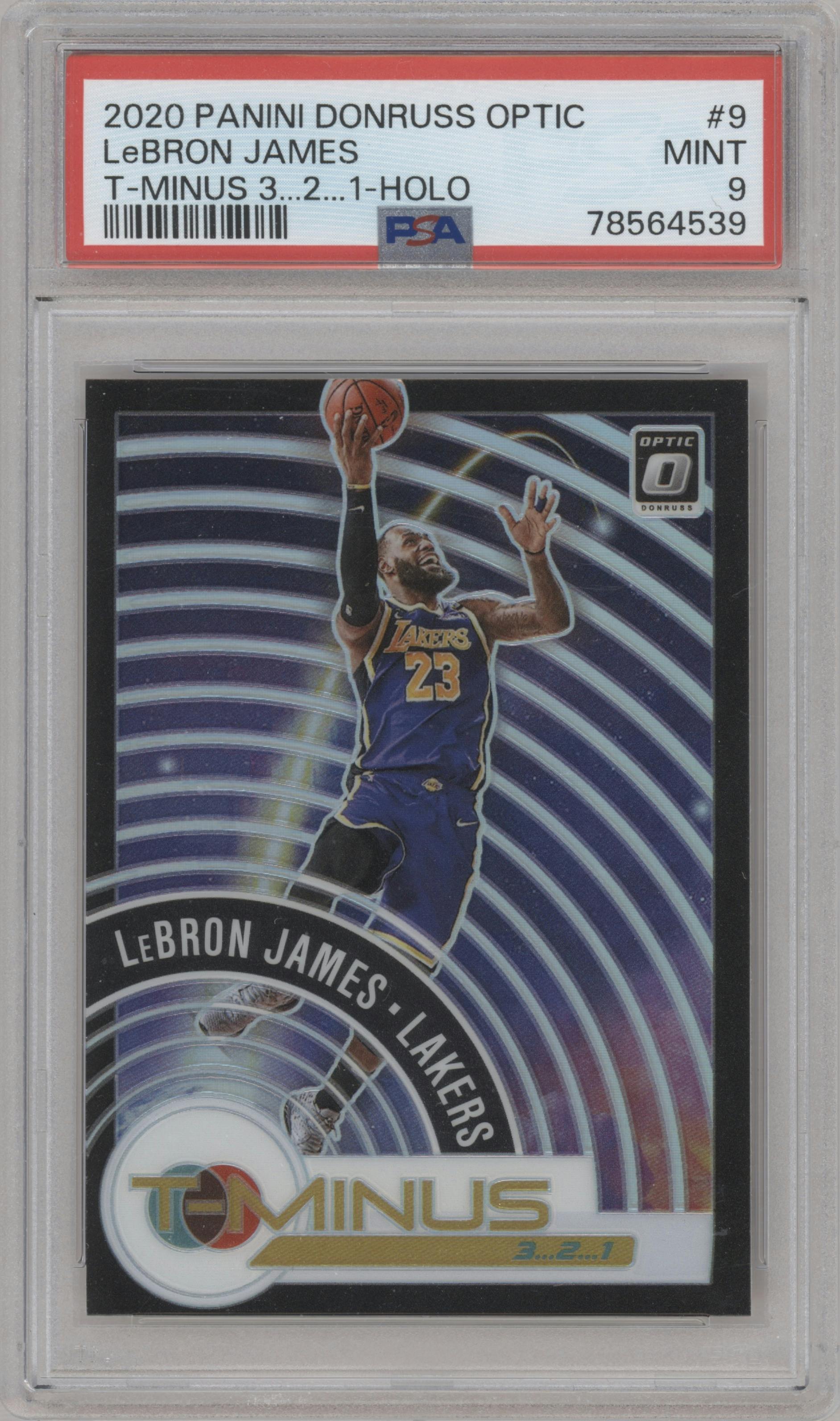 LeBron James from the 2020-21 Panini Donruss Optic set featuring a Holo parallel graded by PSA and given an overall grade of 9.