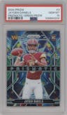 Jayden Daniels from the 2024 Panini Prizm set featuring a Green Prizm parallel graded by PSA and given an overall grade of 10.