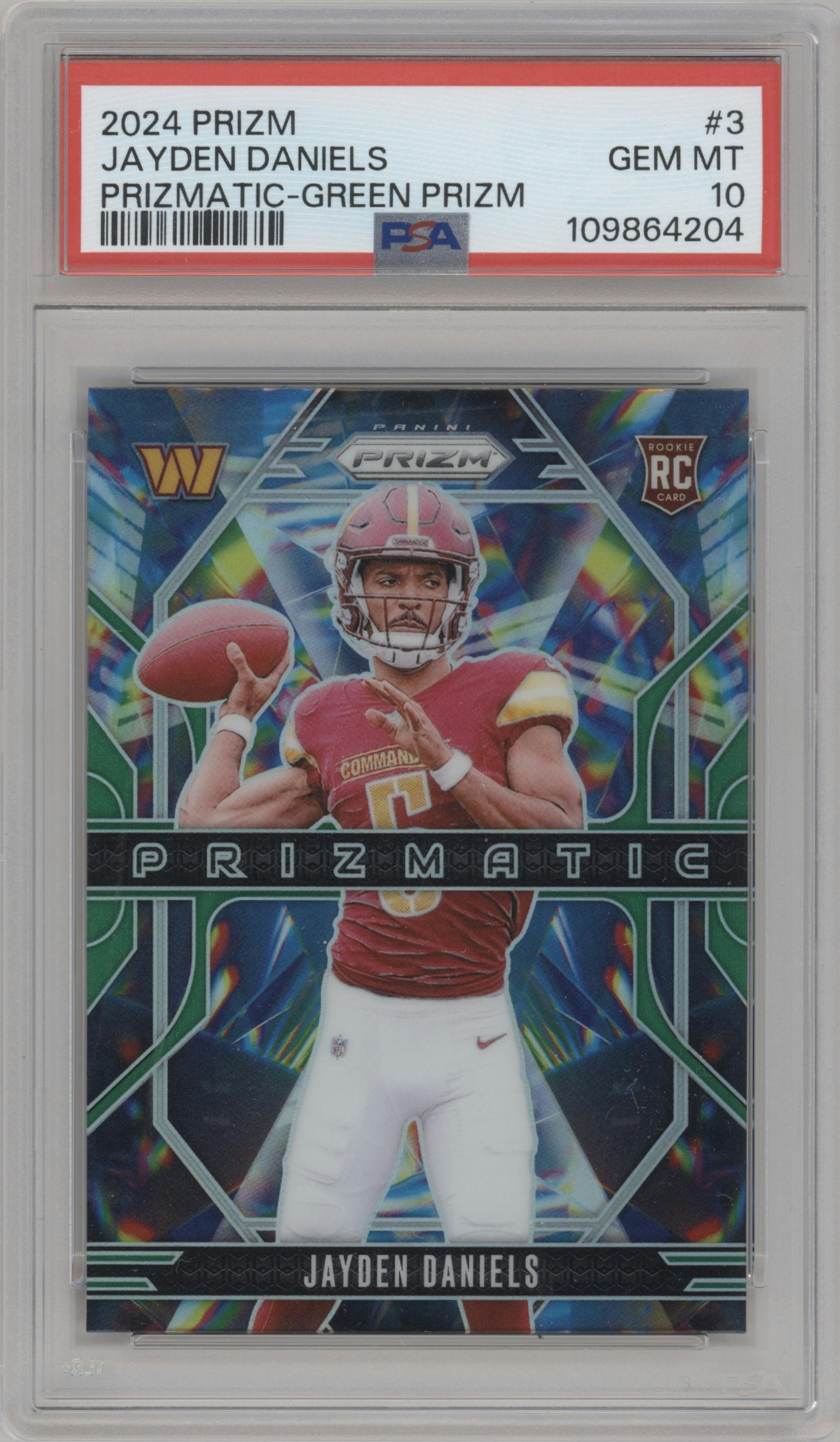 Jayden Daniels from the 2024 Panini Prizm set featuring a Green Prizm parallel graded by PSA and given an overall grade of 10.