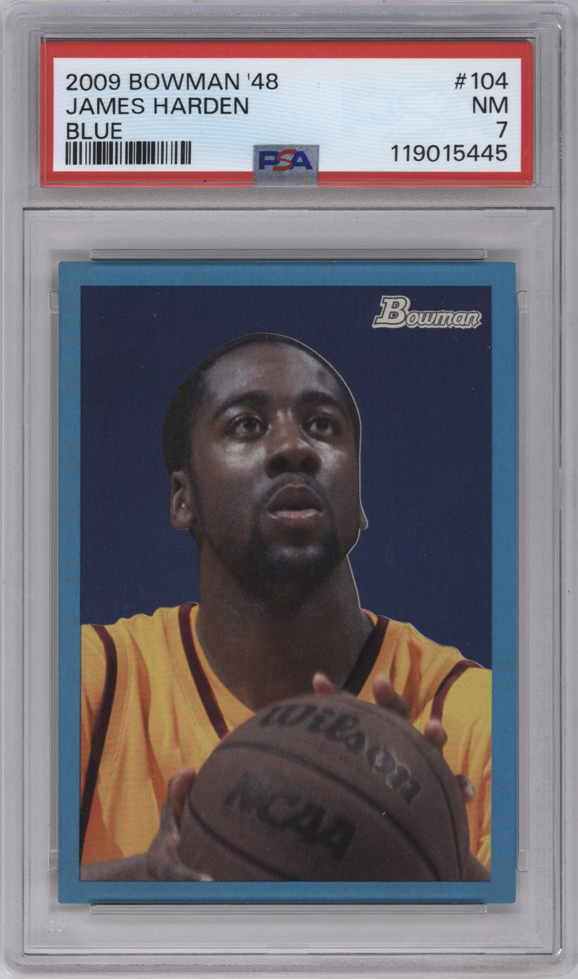 James Harden from the 2009-10 Bowman '48 set featuring a Blue parallel graded by PSA and given an overall grade of 7.