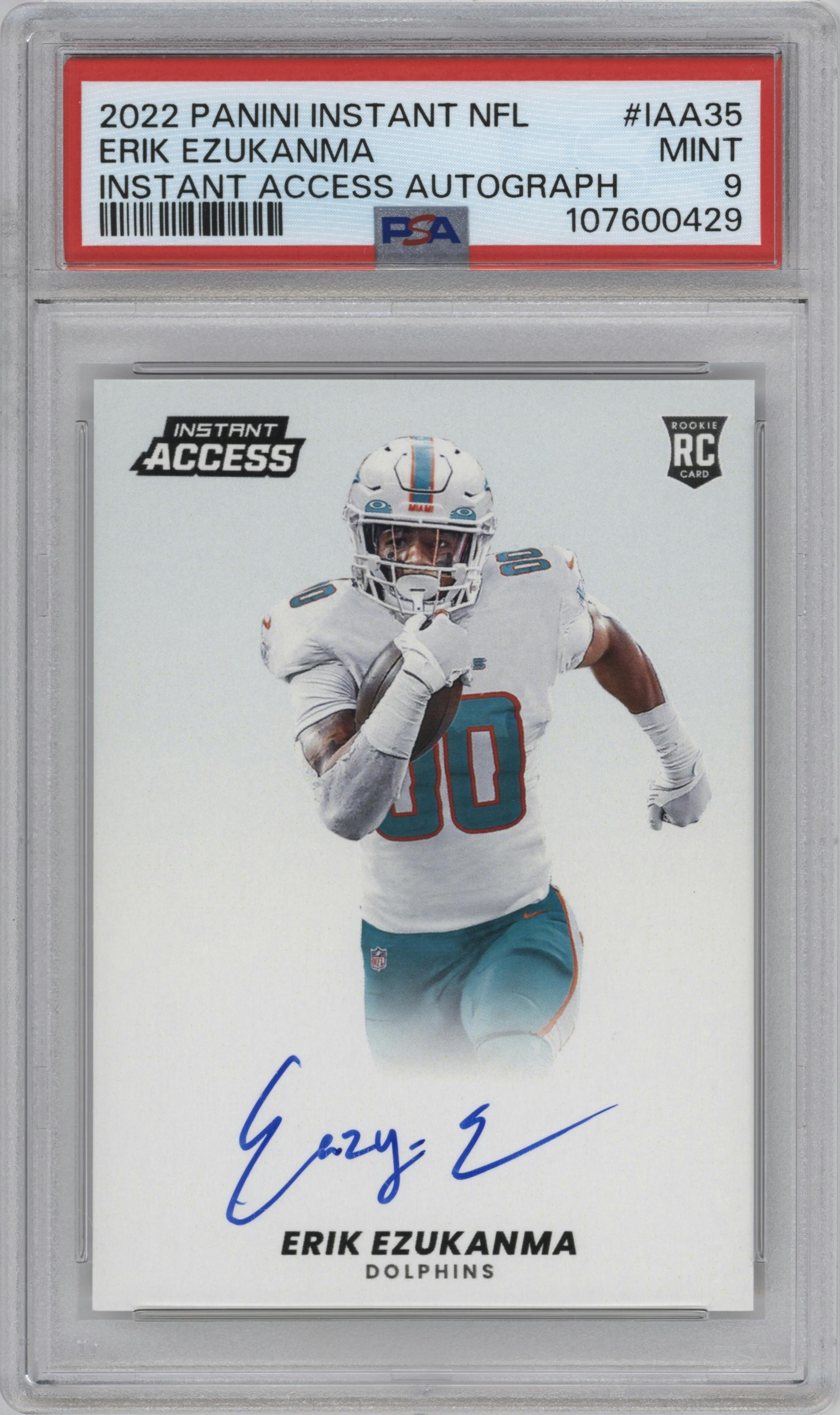 Erik Ezukanma from the 2022 Panini Instant NFL set graded by PSA and given an overall grade of 9.