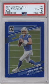 Justin Herbert from the 2021 Panini Donruss Optic set featuring a Blue parallel graded by PSA and given an overall grade of 10.
