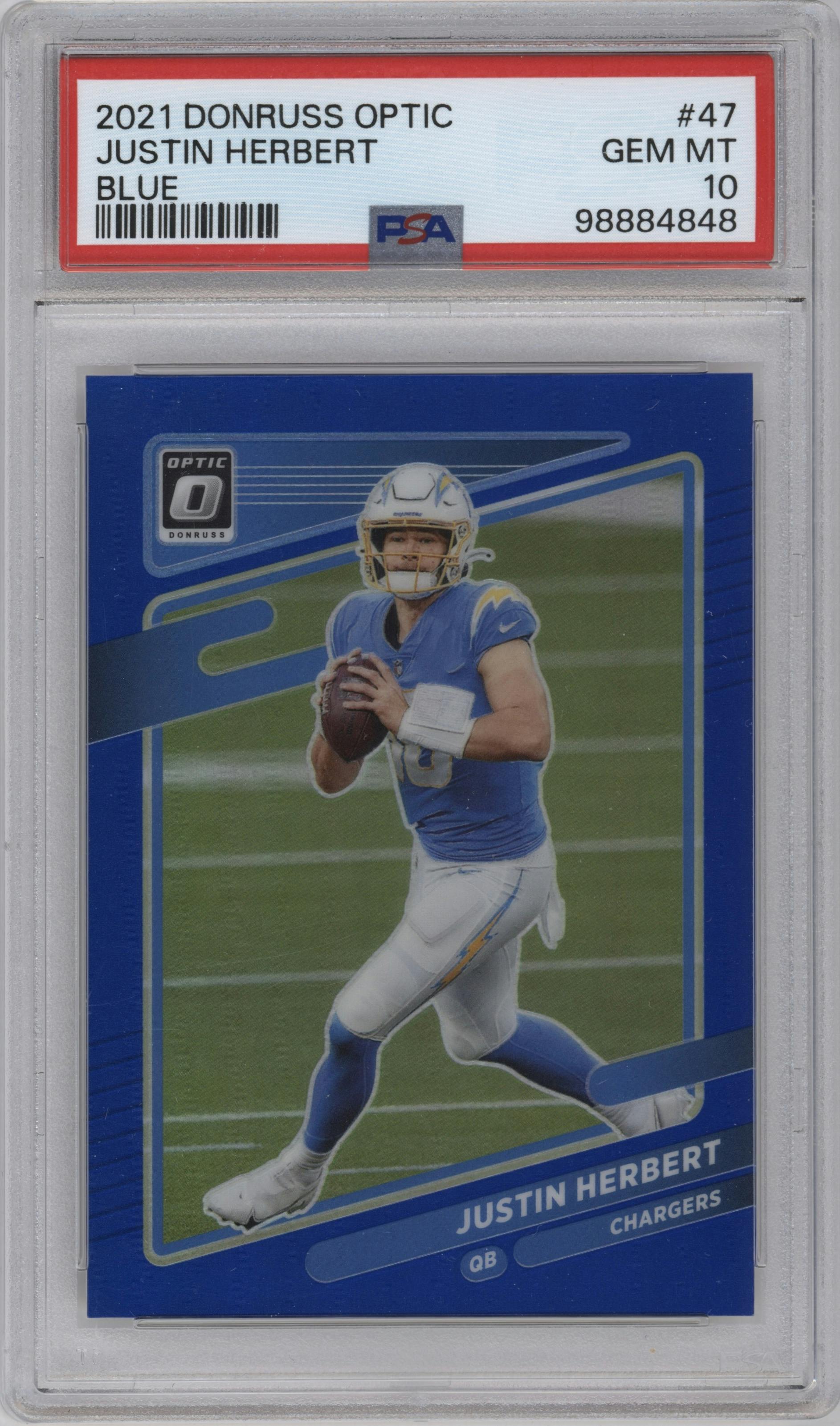 Justin Herbert from the 2021 Panini Donruss Optic set featuring a Blue parallel graded by PSA and given an overall grade of 10.