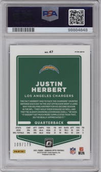 Justin Herbert from the 2021 Panini Donruss Optic set featuring a Blue parallel graded by PSA and given an overall grade of 10.