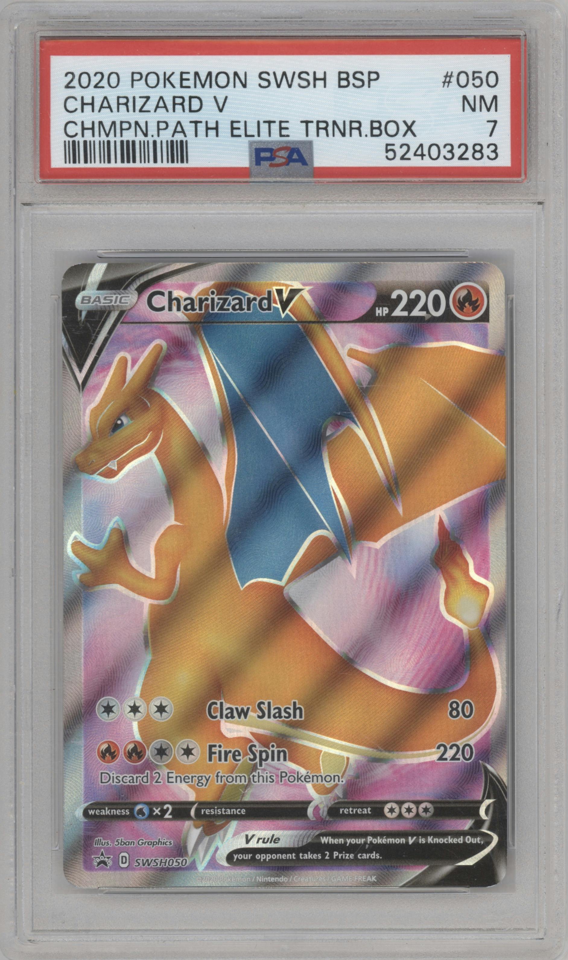 Charizard V from the 2020 Pokemon SWSH set featuring a Champion's Path ETB parallel graded by PSA and given an overall grade of 7.